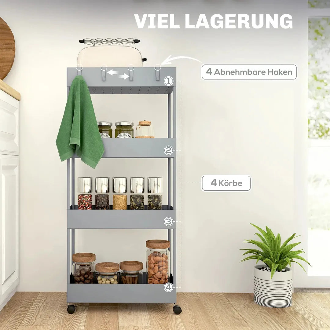 Keukenwagen met 4 legplanken en 4 haken – op wielen – Grijs – 40 × 19 × 90 cm