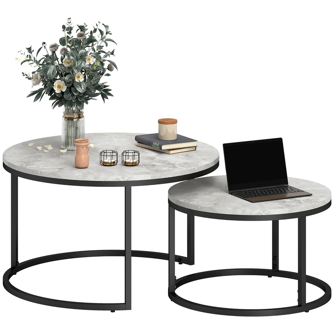 Salontafel Set – 2 Ronde Tafels – Industrieel Design – Metalen Frame – Blad in Marmerlook Grijs