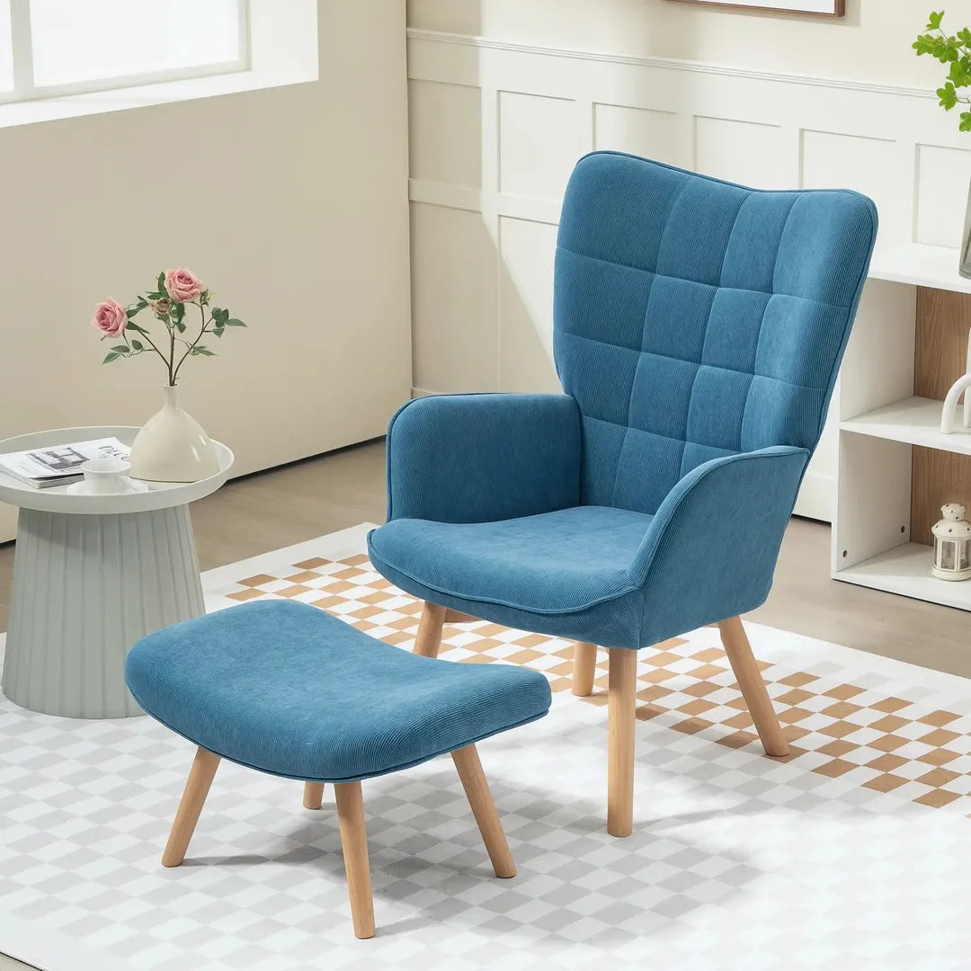 Fauteuil met Hocker – Relaxstoel in Cordstof met Armleuningen en Houten Poten, Grijs, voor Woonkamer