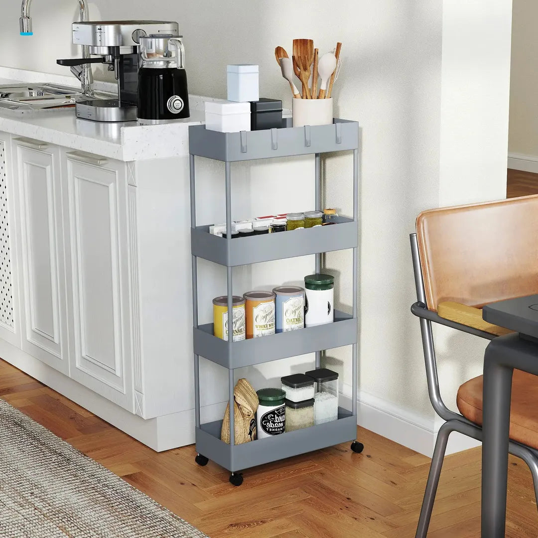 Keukenwagen met 4 legplanken en 4 haken – op wielen – Grijs – 40 × 19 × 90 cm