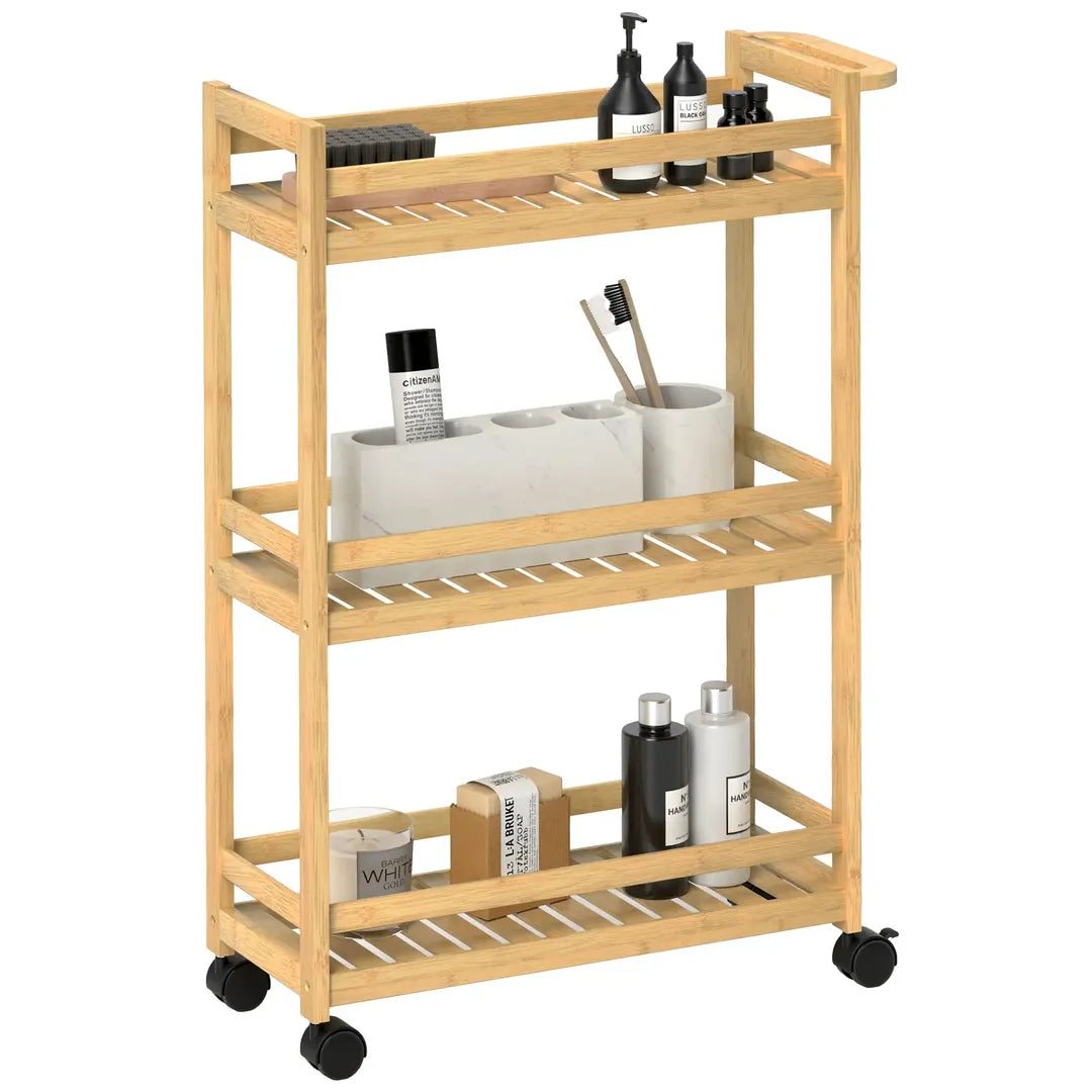Serveerwagen – 3 lagen met lattenbodems en valbescherming – Bamboe – 55 × 20 × 75 cm