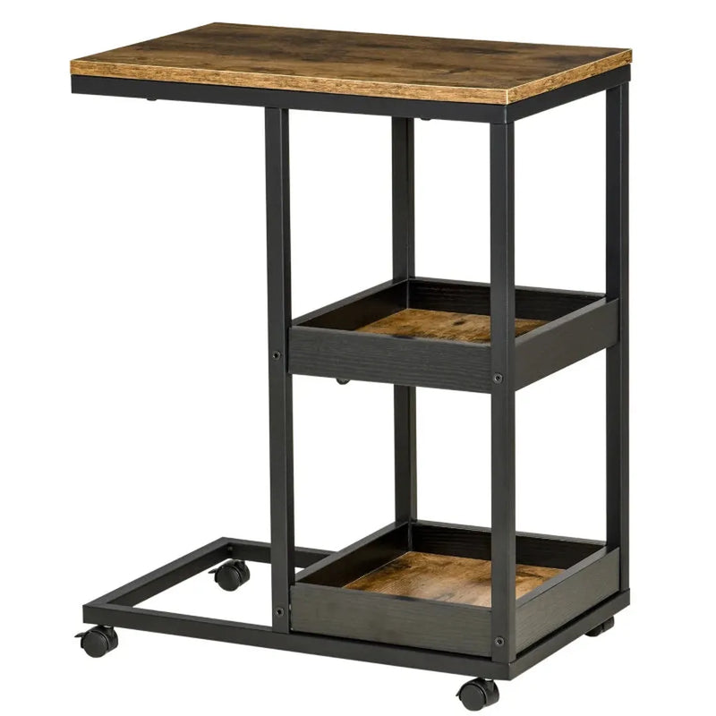 Bijzettafel met wielen – Hoogte verstelbaar – 2 opbergplanken – Bruin metalen frame – 80x40x72-82 cm