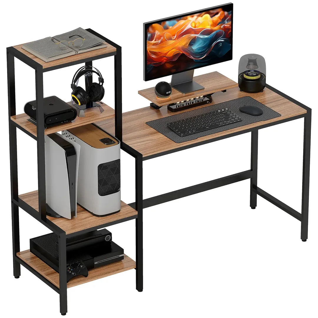Computertafel met monitorstand en 4-laags rek – bureau in industriële stijl, bruin