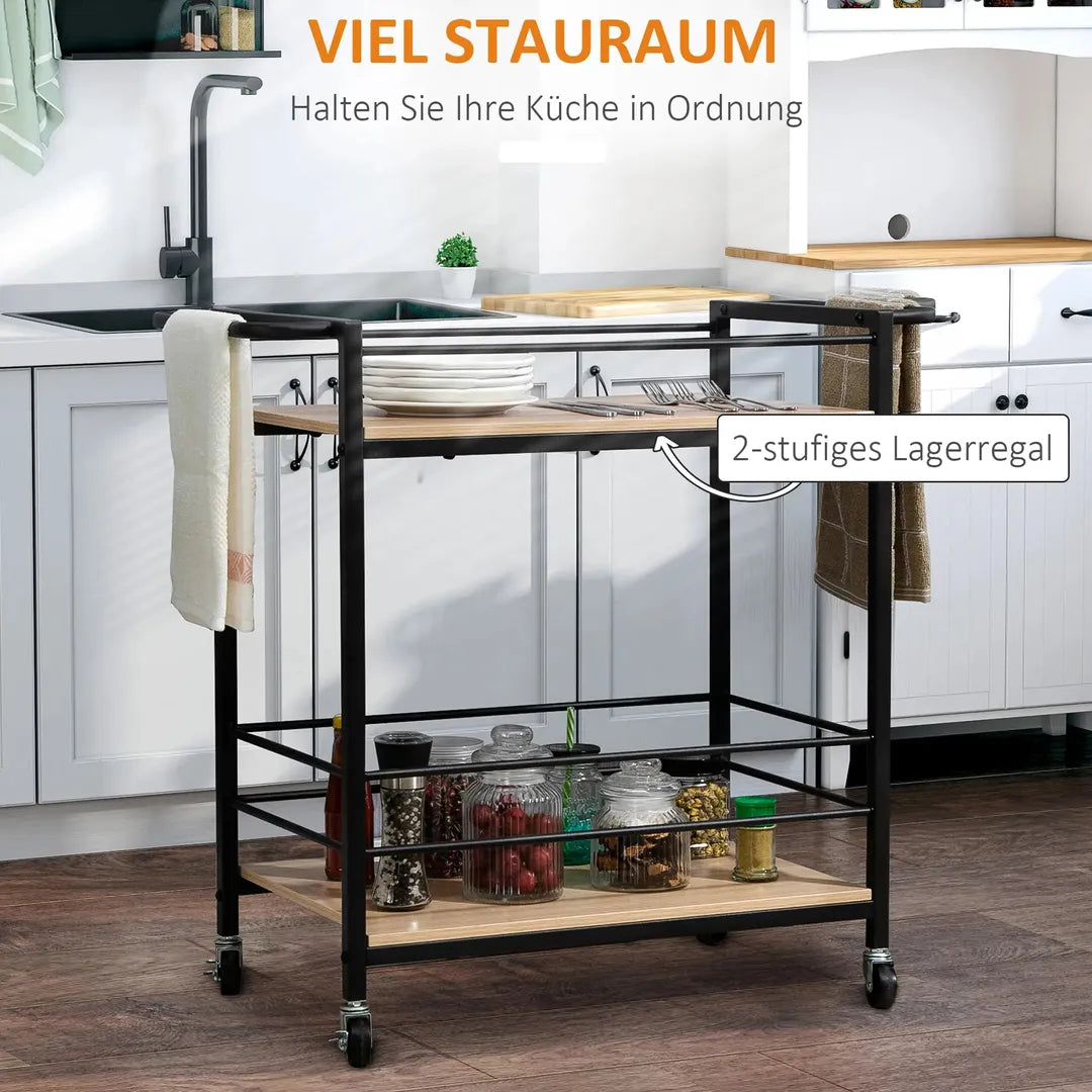 Keukenwagen met 4 legplanken en 4 haken – op wielen – Wit – 40 × 19 × 90 cm