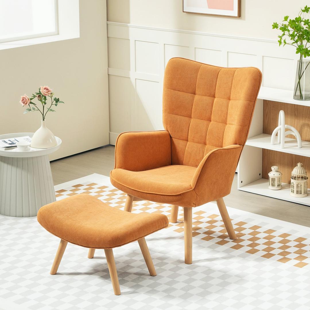 Fauteuil met Hocker – Relaxstoel in Cordstof met Armleuningen en Houten Poten, Grijs, voor Woonkamer