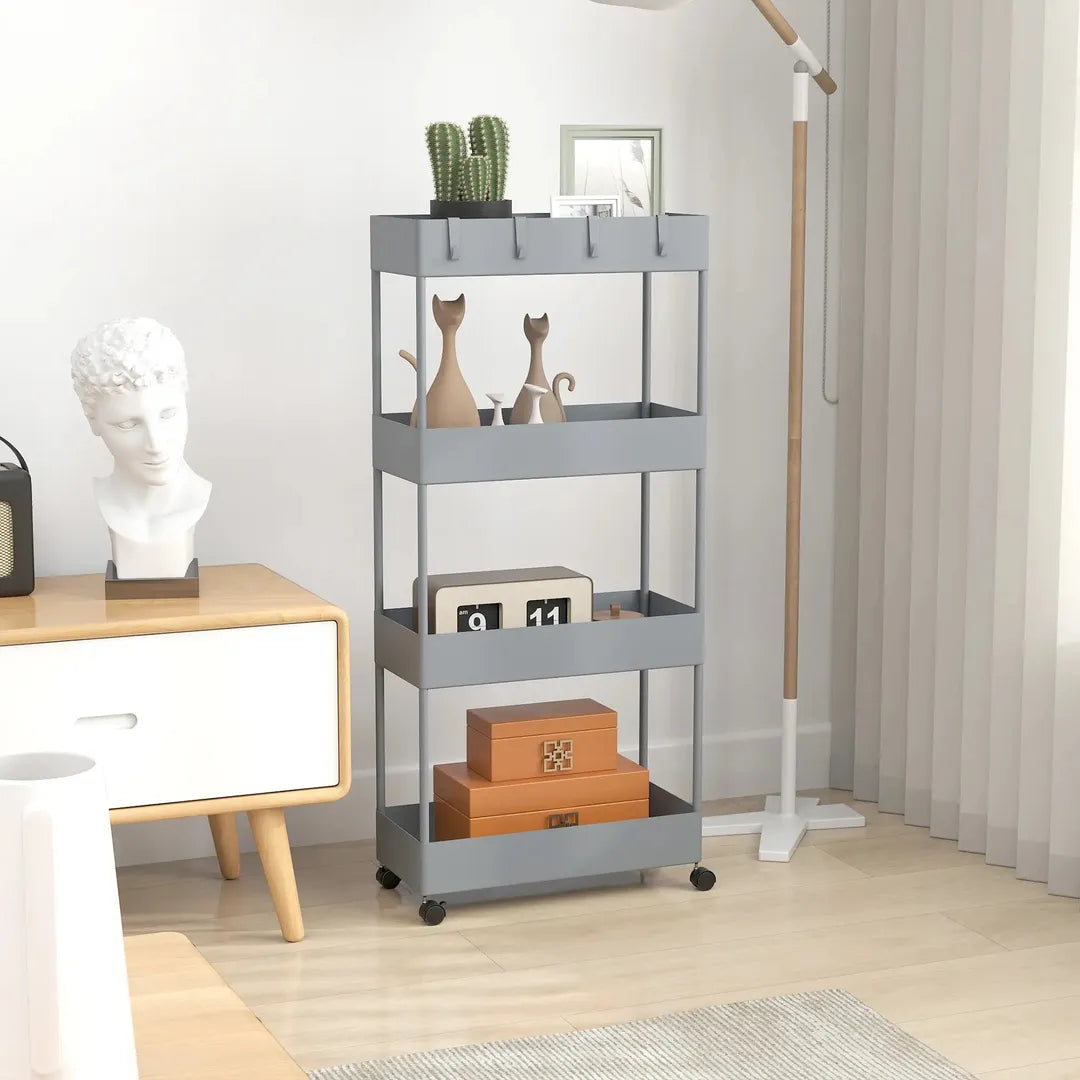 Keukenwagen met 4 legplanken en 4 haken – op wielen – Grijs – 40 × 19 × 90 cm