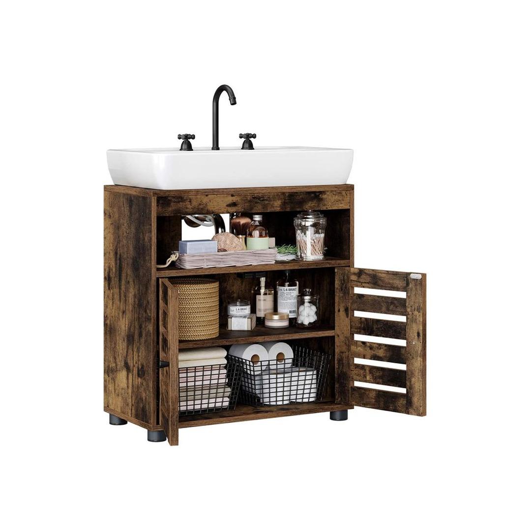 Wastafelonderkast in Vintage Bruin – Badkamerkast met Open Vak en Verstelbare Plank, 60 × 30 × 63 cm