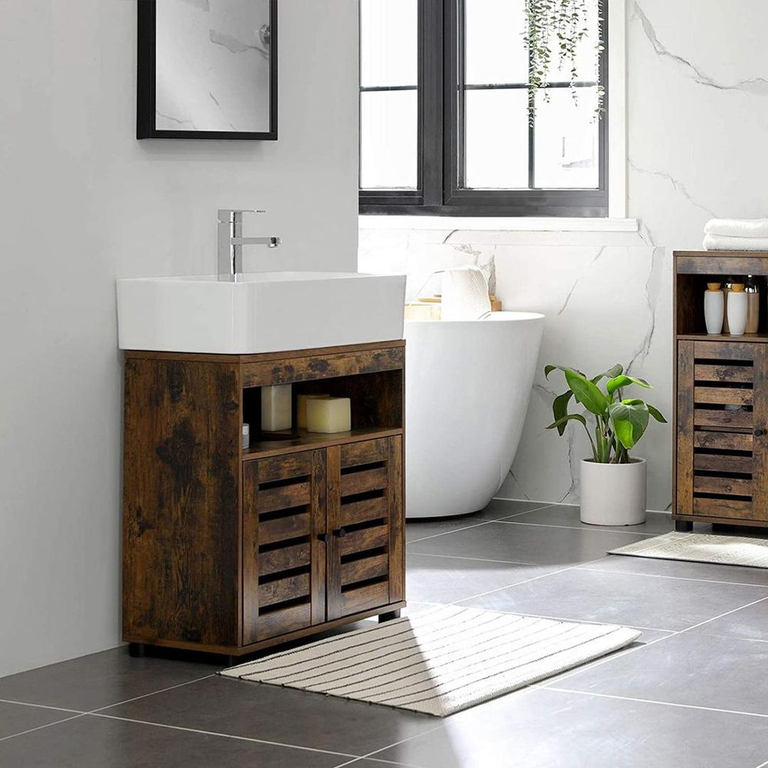 Wastafelonderkast in Vintage Bruin – Badkamerkast met Open Vak en Verstelbare Plank, 60 × 30 × 63 cm