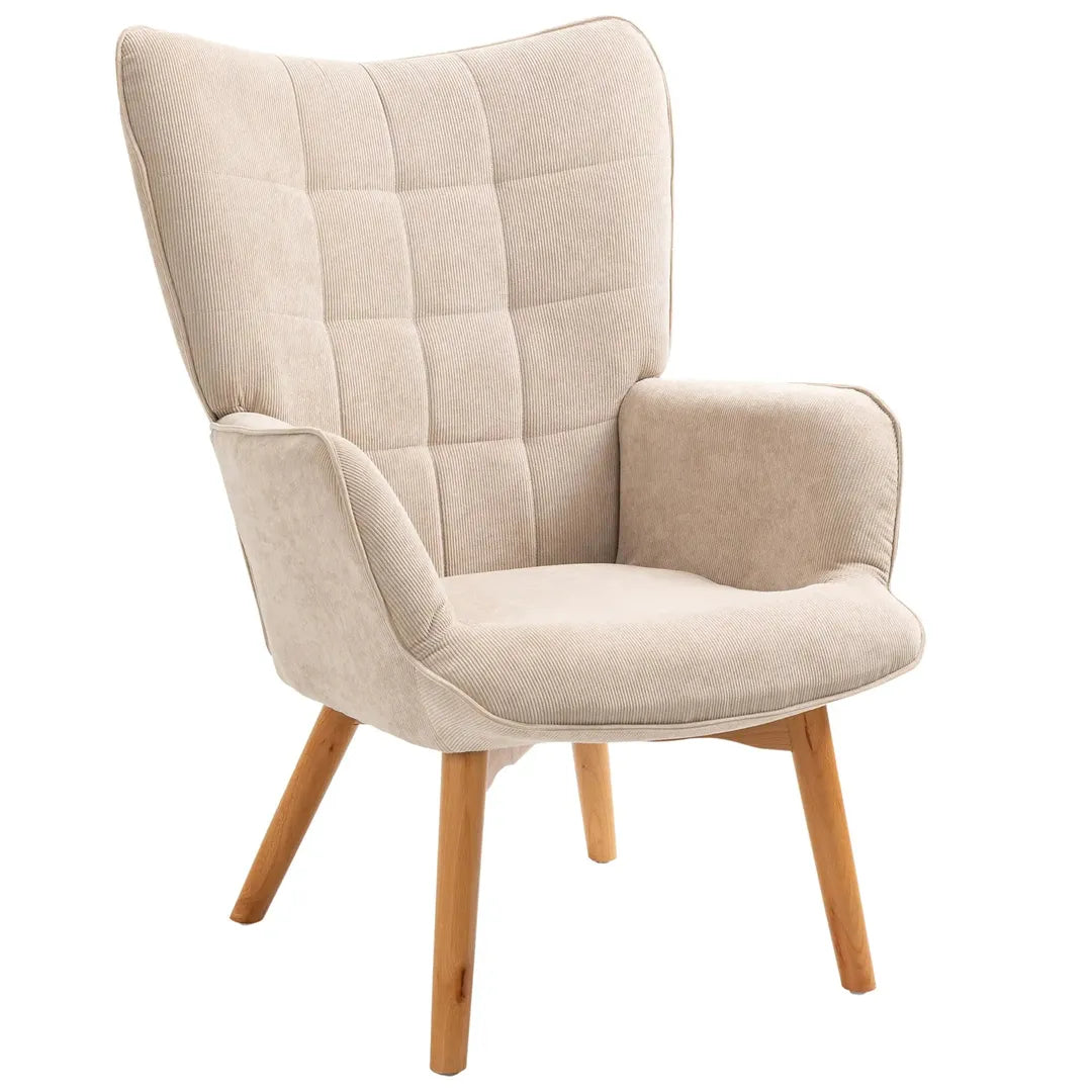 Fauteuil met Hocker – Relaxstoel in Cordstof met Armleuningen en Houten Poten, Grijs, voor Woonkamer