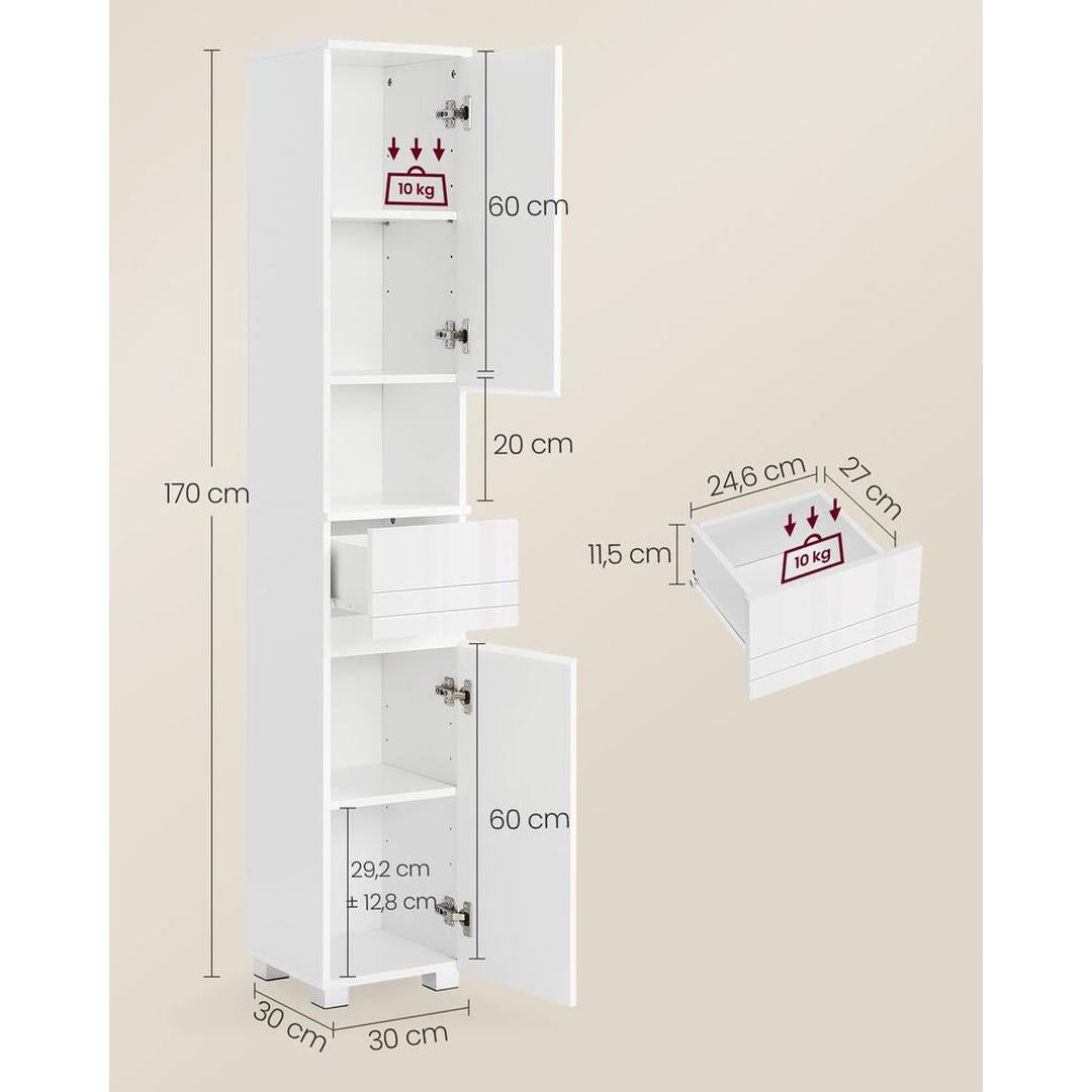 Badkamerkast 30 × 30 × 170 cm – Staande Opbergkast met Boven- en Onderkast, Lade en Verstelbare Legplanken