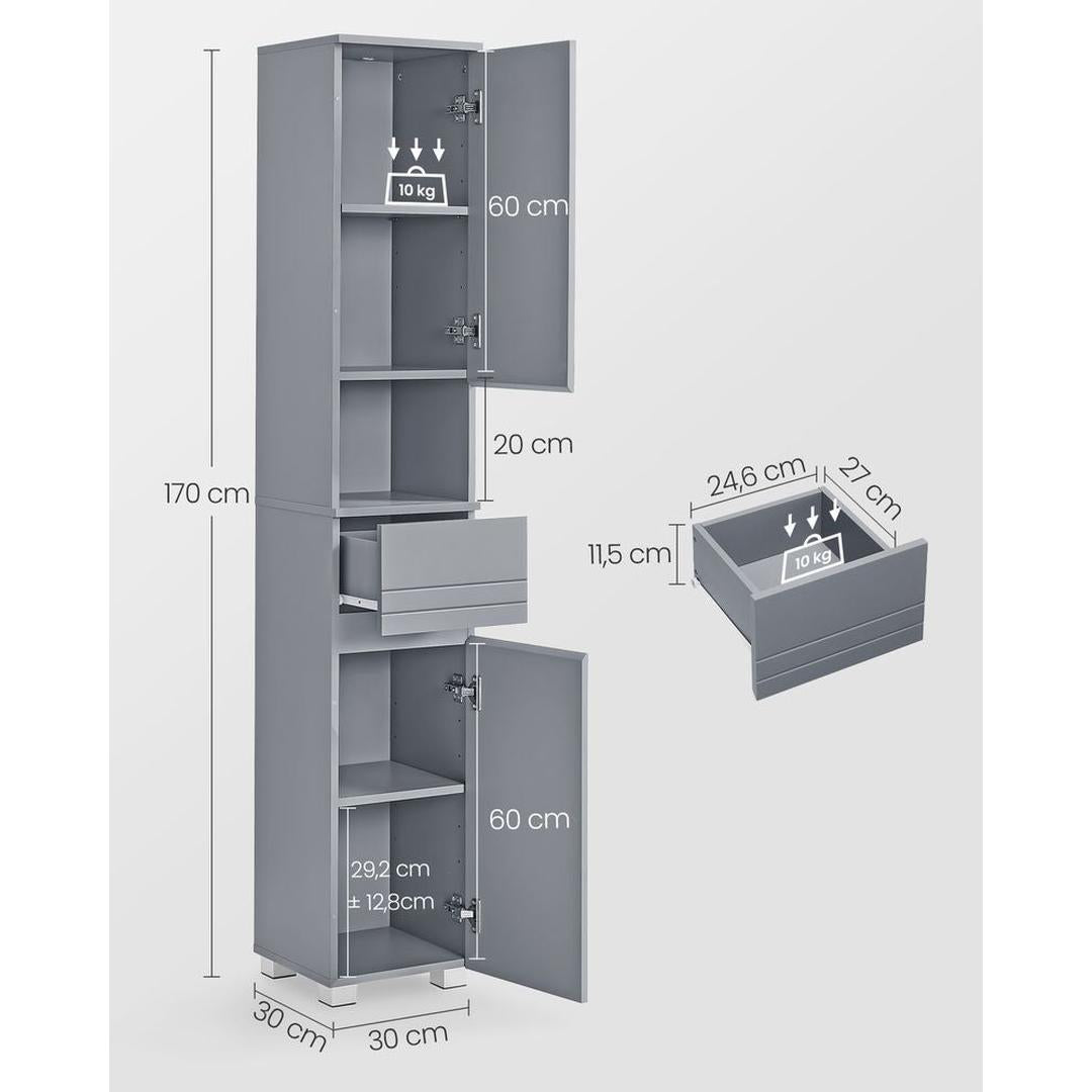 Badkamerkast 30 × 30 × 170 cm – Staande Opbergkast met Boven- en Onderkast, Lade en Verstelbare Legplanken
