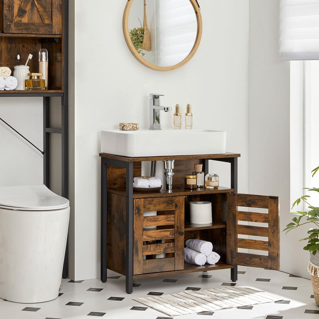 Wastafelonderkast in Vintage Bruin-Zwart – Badkamerkast met Open Vak en Verstelbare Plank, 60 × 30 × 60 cm