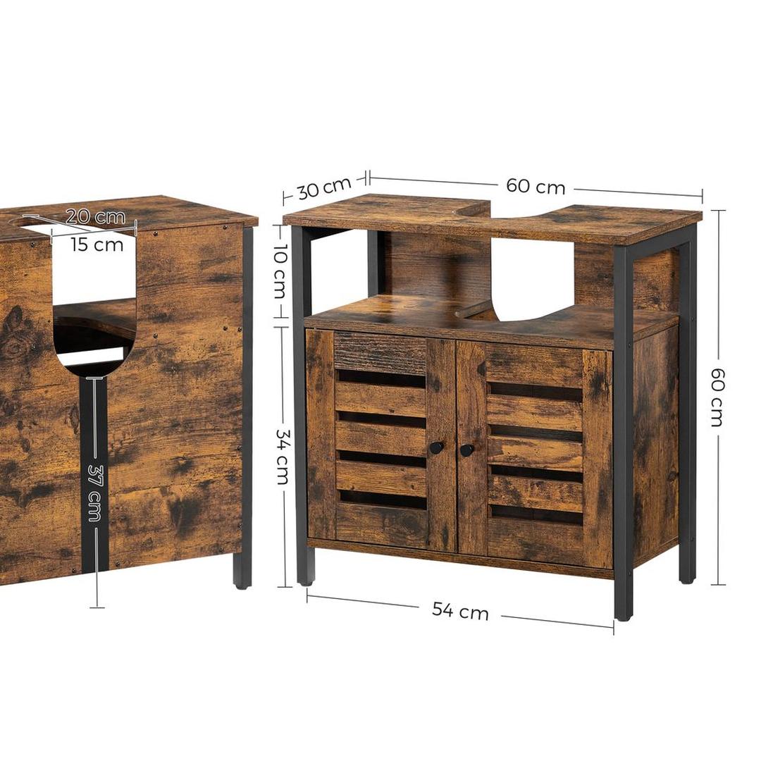 Wastafelonderkast in Vintage Bruin-Zwart – Badkamerkast met Open Vak en Verstelbare Plank, 60 × 30 × 60 cm