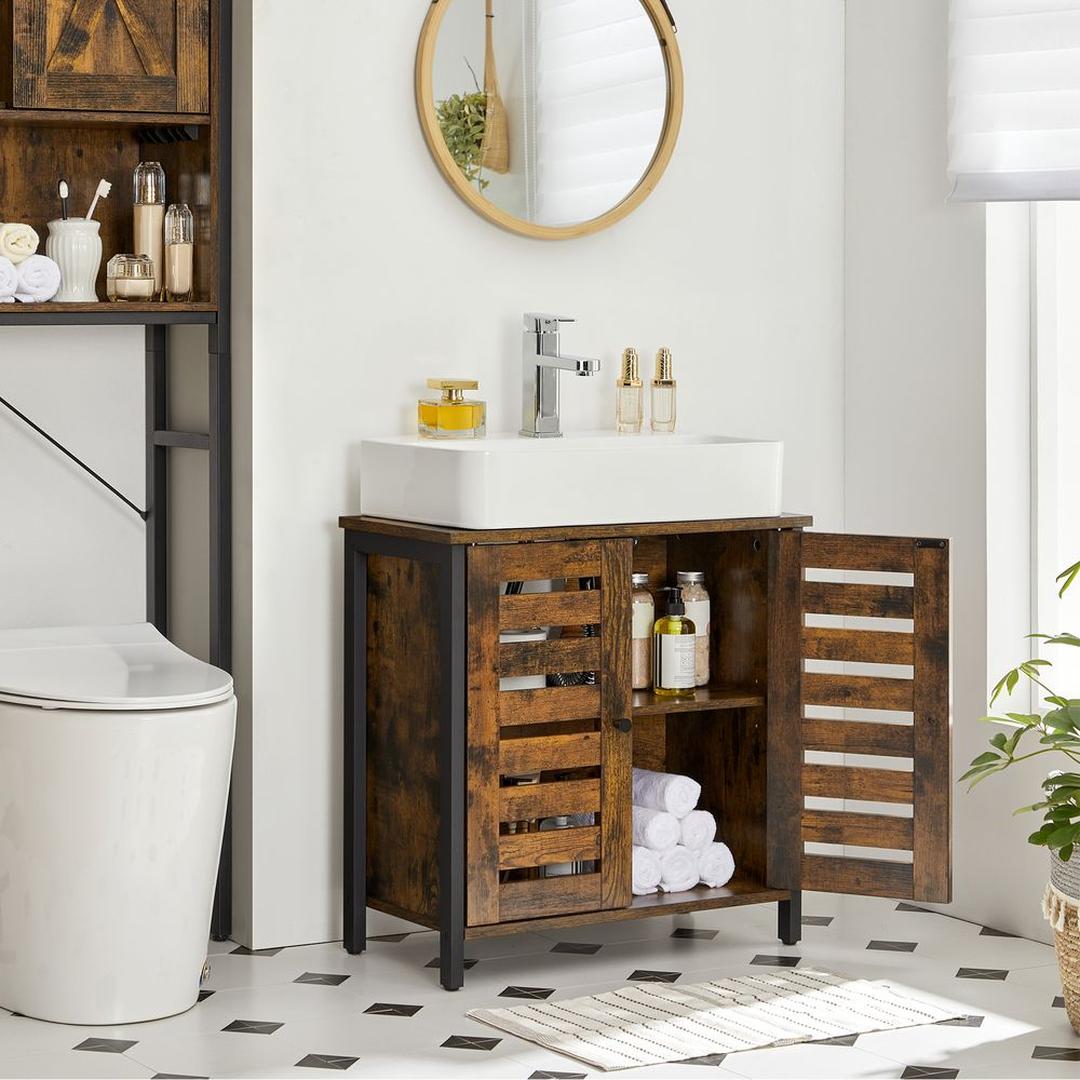 Wastafelonderkast in Vintage Bruin-Zwart – Badkamerkast met Verstelbare Plank en Sifonopening, 60 × 30 × 60 cm