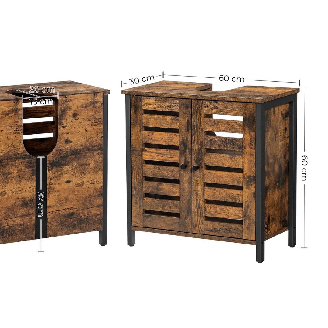 Wastafelonderkast in Vintage Bruin-Zwart – Badkamerkast met Verstelbare Plank en Sifonopening, 60 × 30 × 60 cm