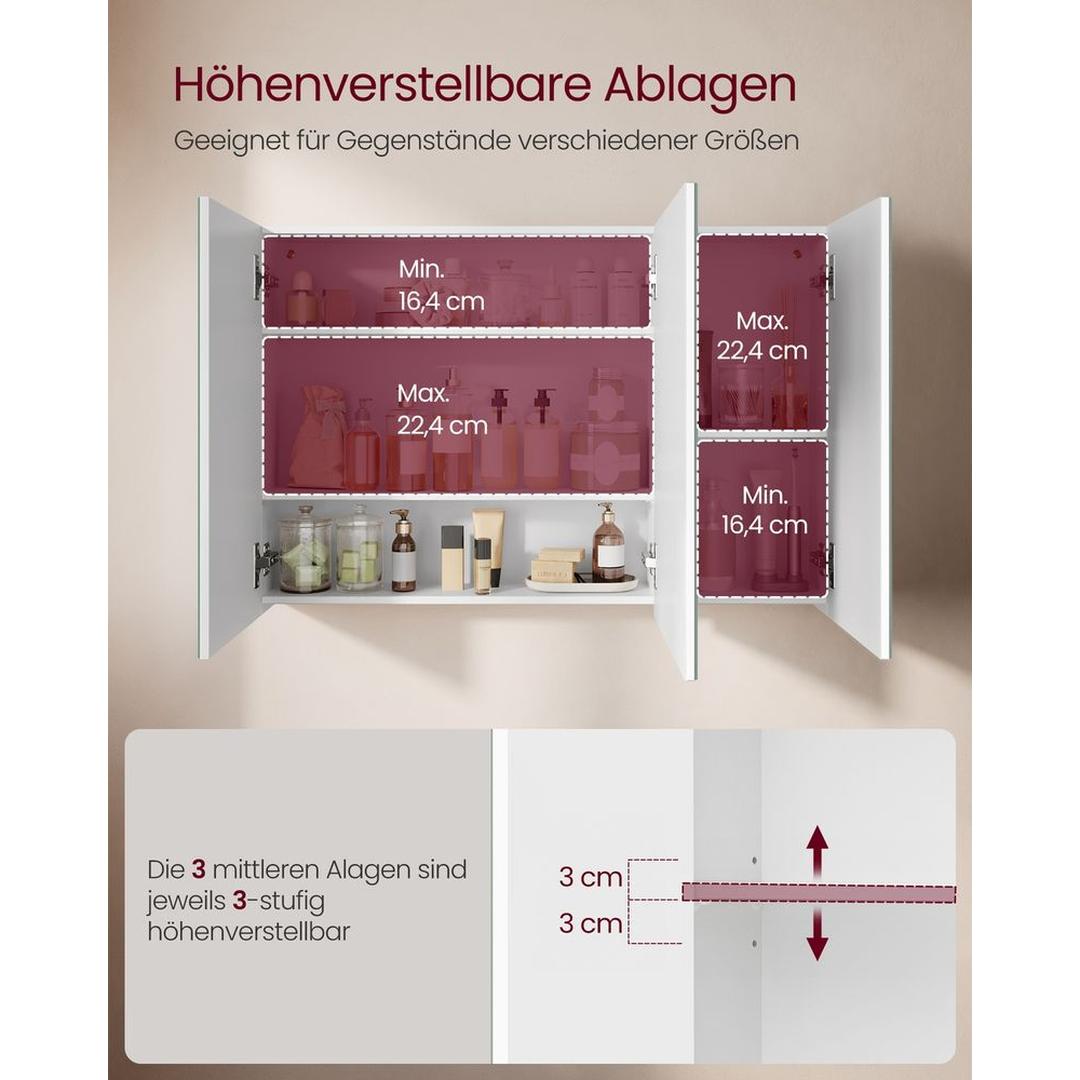 Witte Spiegelkast – Wandkast met 3 Spiegeldeuren en Verstelbare Planken, 60 × 15 × 55 cm