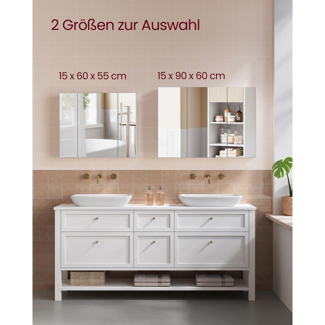 Witte Spiegelkast – Wandkast met 3 Spiegeldeuren en Verstelbare Planken, 60 × 15 × 55 cm
