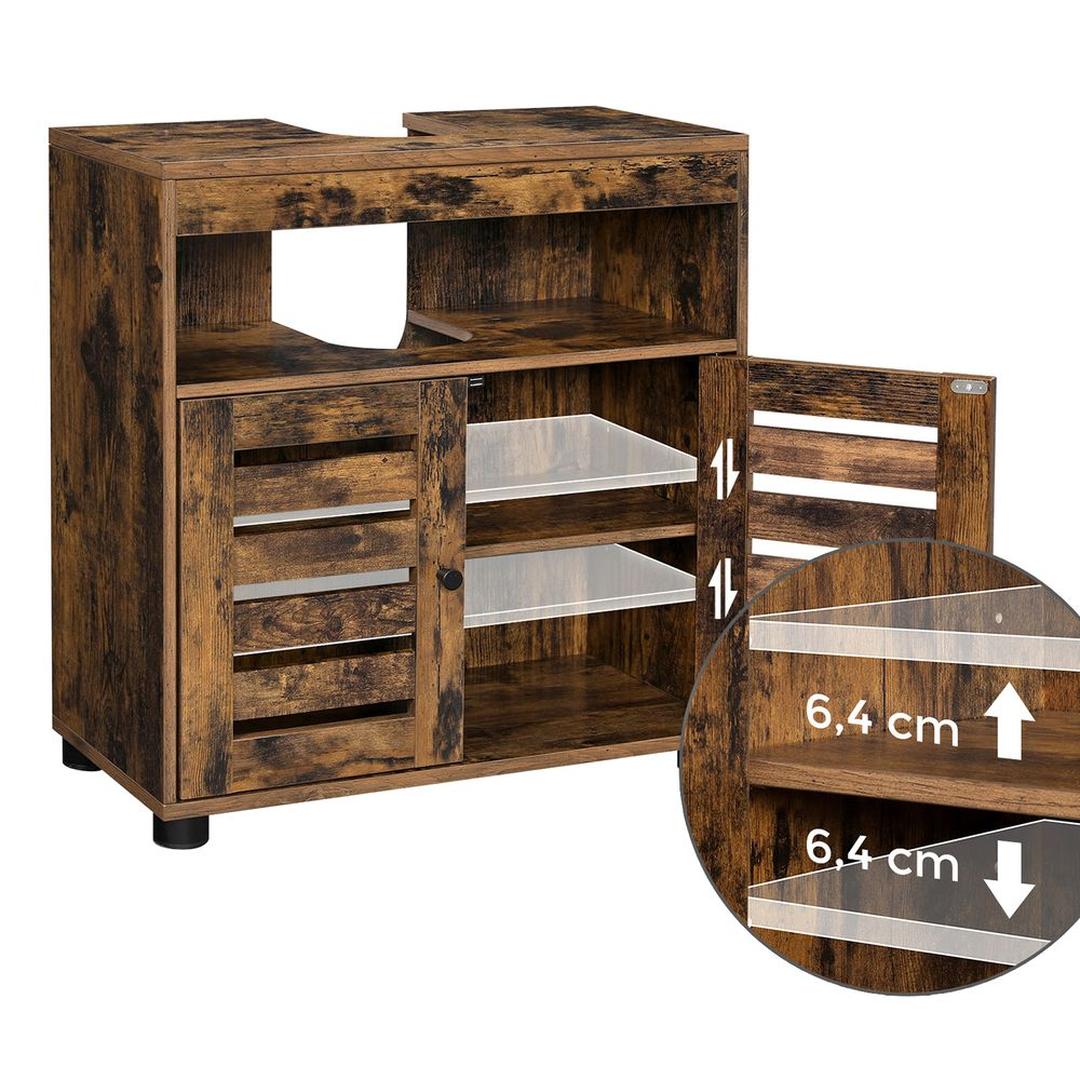 Wastafelonderkast in Vintage Bruin – Badkamerkast met Open Vak en Verstelbare Plank, 60 × 30 × 63 cm