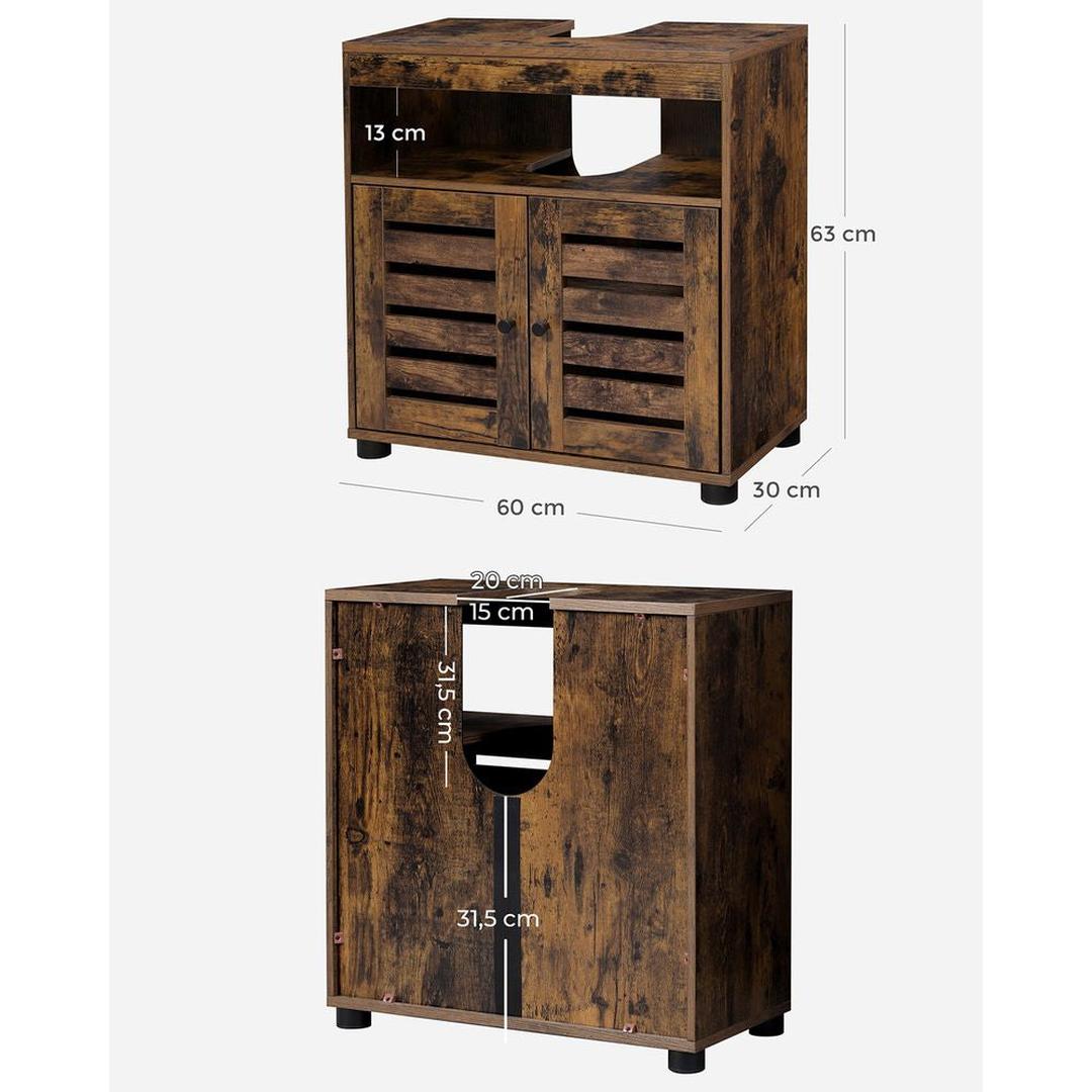 Wastafelonderkast in Vintage Bruin – Badkamerkast met Open Vak en Verstelbare Plank, 60 × 30 × 63 cm