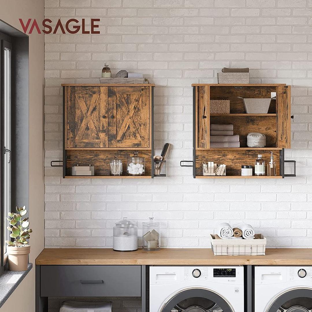 Badkamer Wandkast – Industriële Kast met Open Vak, Deur, Verstelbare Legplank en Haardrogerhouder