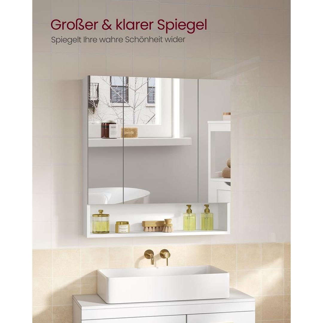 Badkamerkast met Spiegeldeuren – Spiegelkast met Verstelbare Planken en Open Vak in Wit