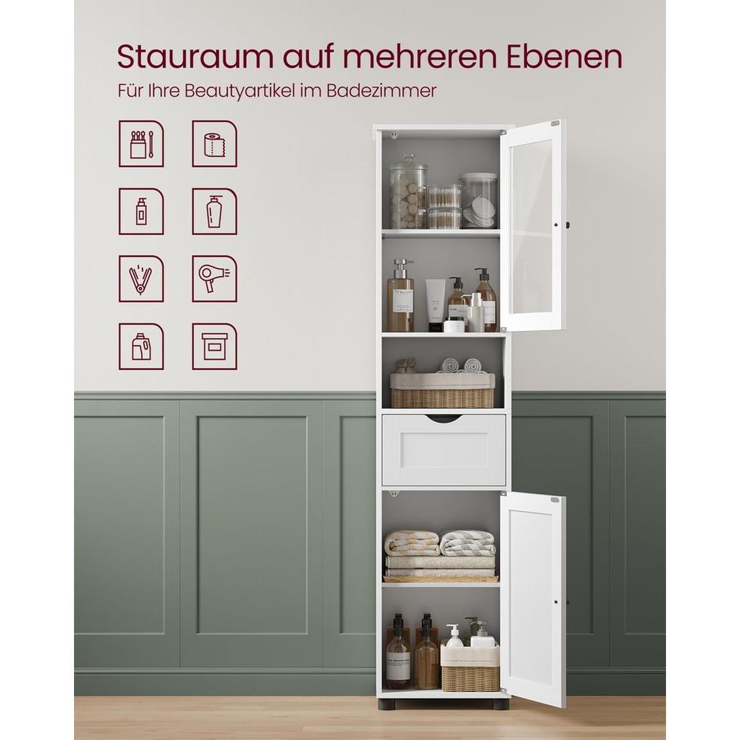 Badkamermeubel met Verstelbare Planken – Witte Opbergkast met Lade, Open Vak en Glazen Deur