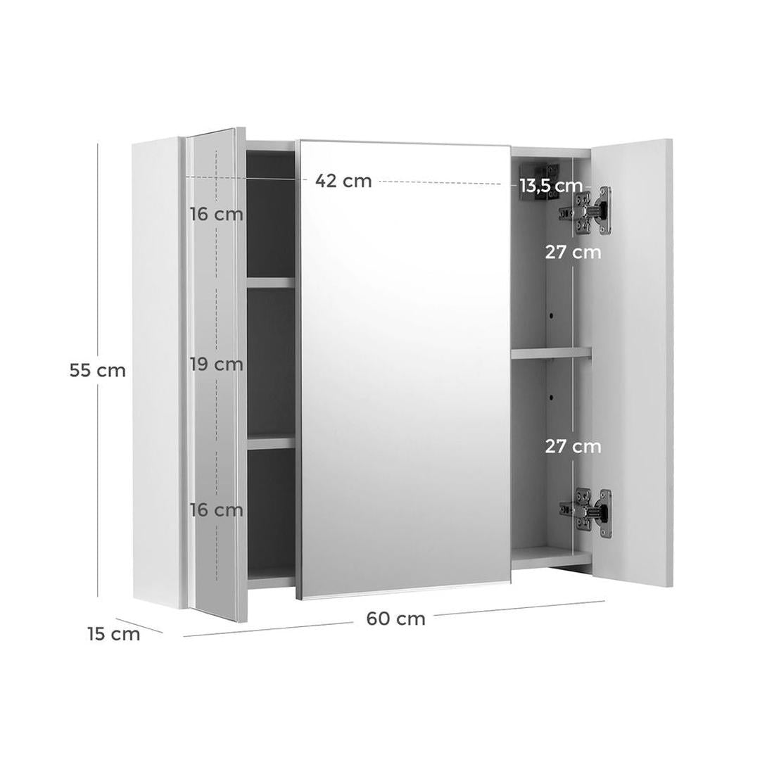 Witte Spiegelkast – Wandkast met 3 Spiegeldeuren en Verstelbare Planken, 60 × 15 × 55 cm