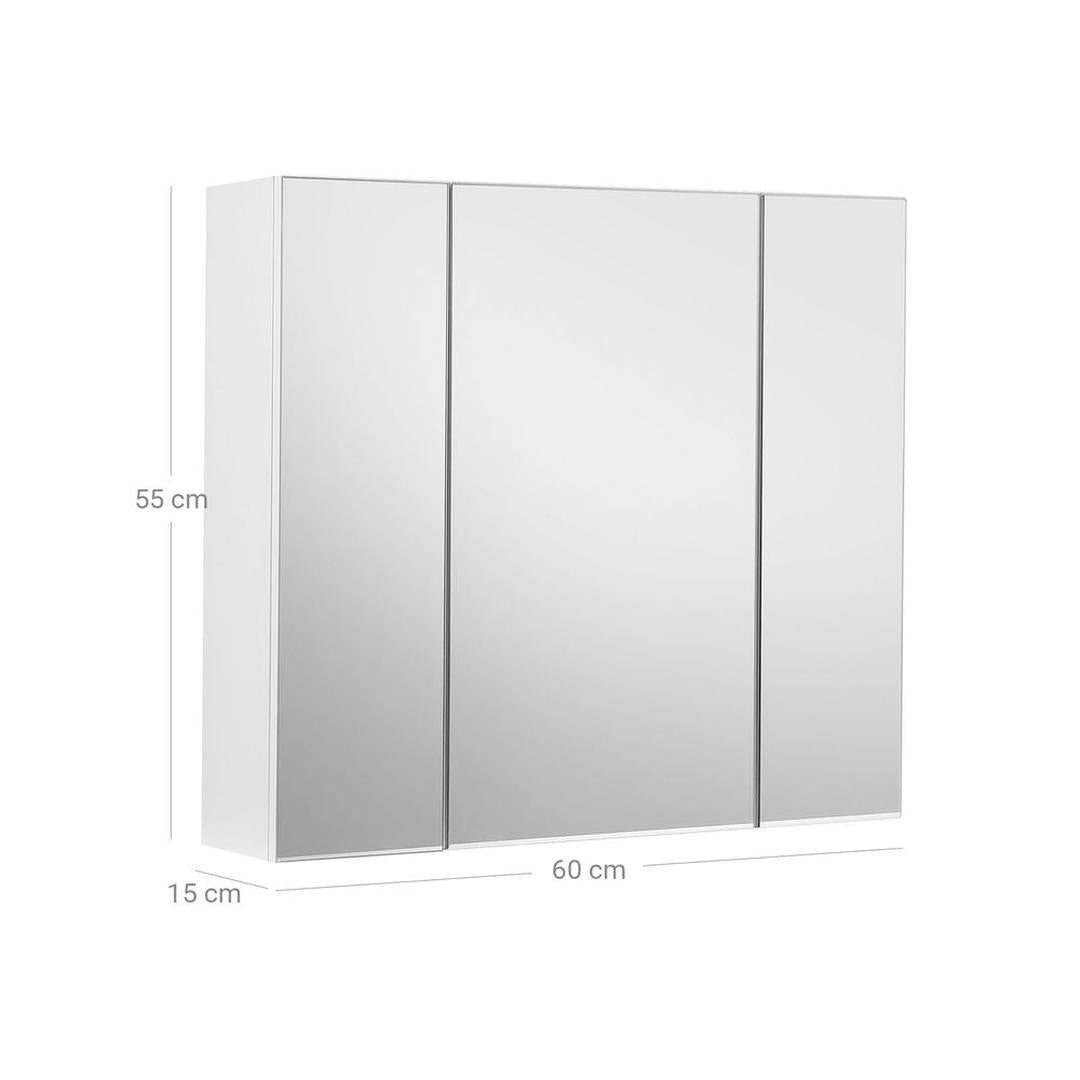 Witte Spiegelkast – Wandkast met 3 Spiegeldeuren en Verstelbare Planken, 60 × 15 × 55 cm