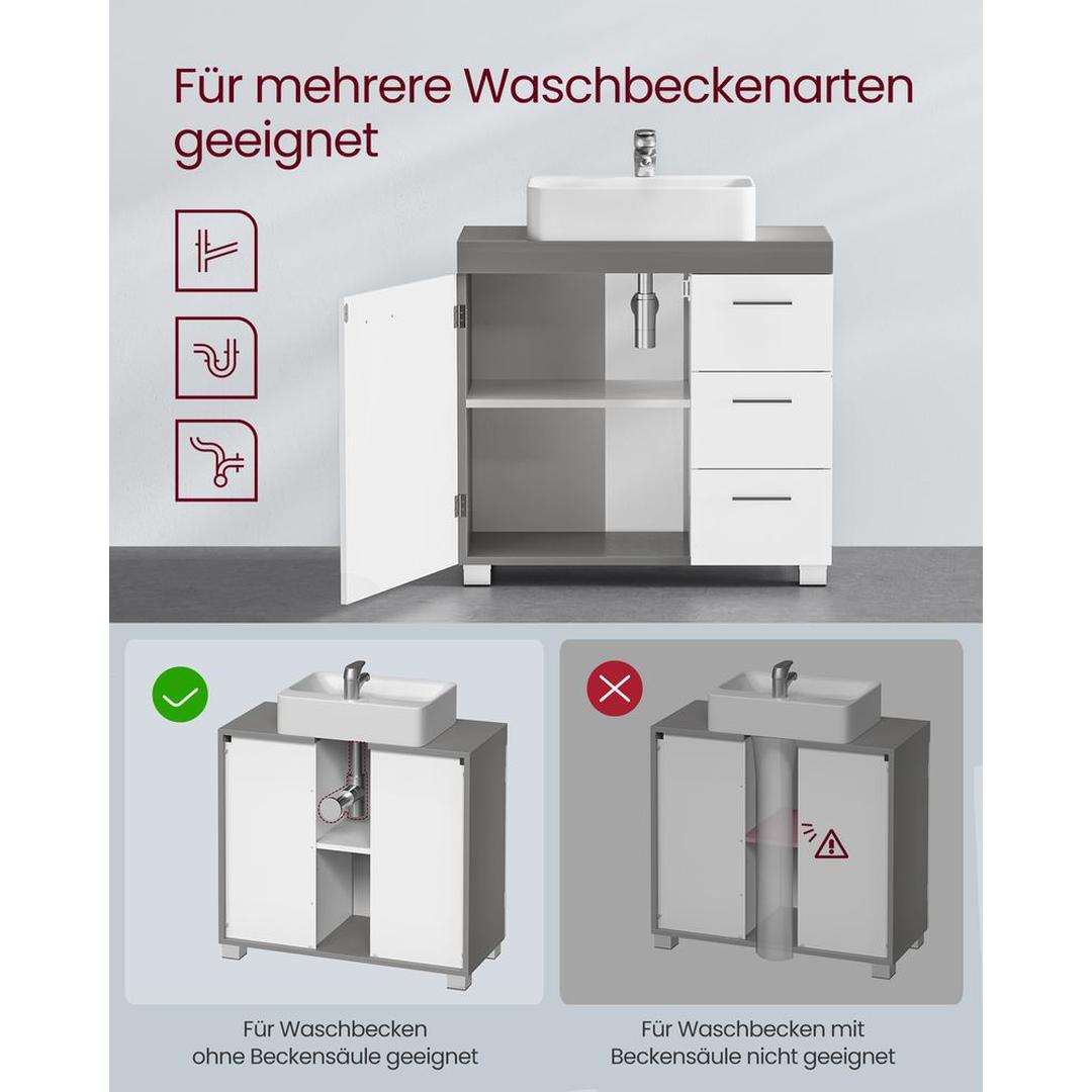 Wastafelonderkast met Lades – Badkamer Onderkast voor Sifon met 2 Vakken en 3 Laden, 70 cm Breed