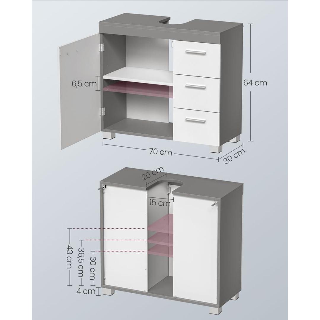 Wastafelonderkast met Lades – Badkamer Onderkast voor Sifon met 2 Vakken en 3 Laden, 70 cm Breed