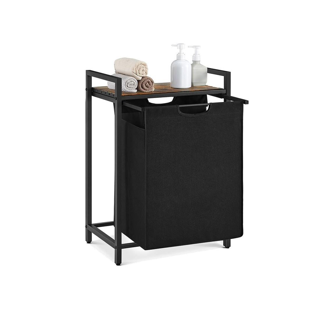 Wasmand met Uittrekbare Waszakken – Wasbox met 2 Vakken, Opbergblad en Stalen Frame