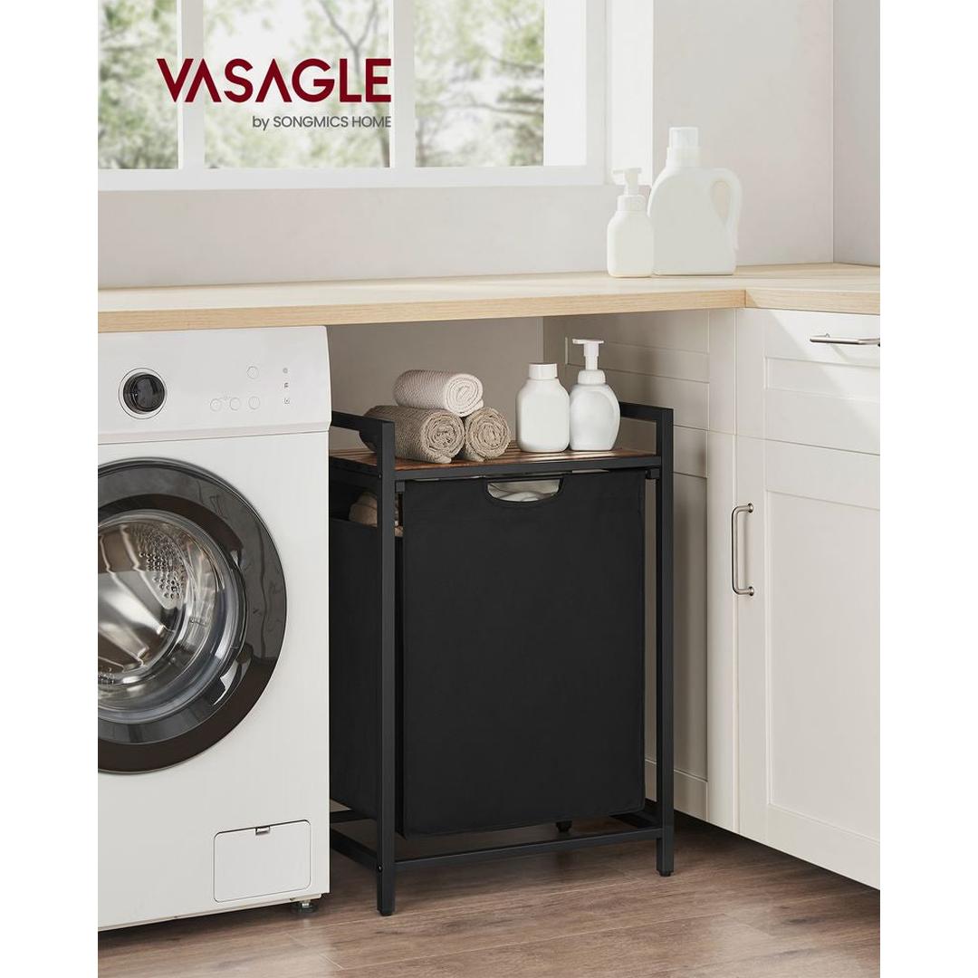 Wasmand met Uittrekbare Waszakken – Wasbox met 2 Vakken, Opbergblad en Stalen Frame