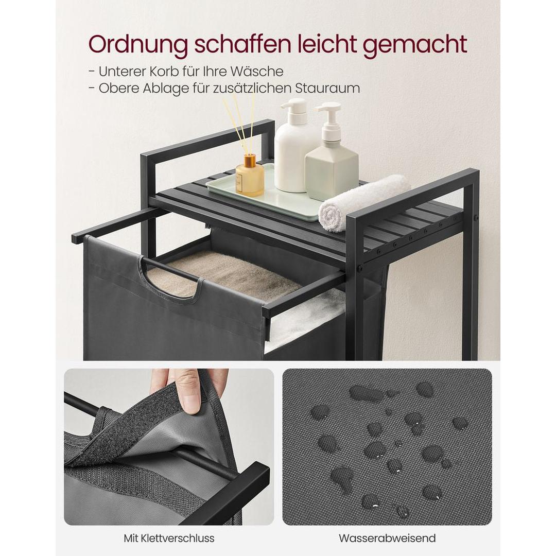 Wasmand met Uittrekbare Waszakken – Wasbox met 2 Vakken, Opbergblad en Stalen Frame