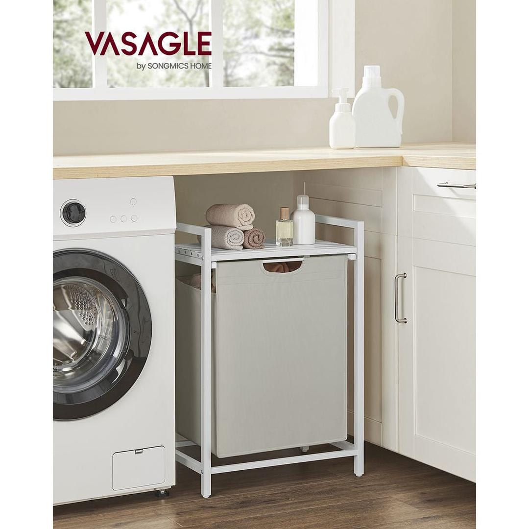 Wasmand met Uittrekbare Waszakken – Wasbox met 2 Vakken, Opbergblad en Stalen Frame