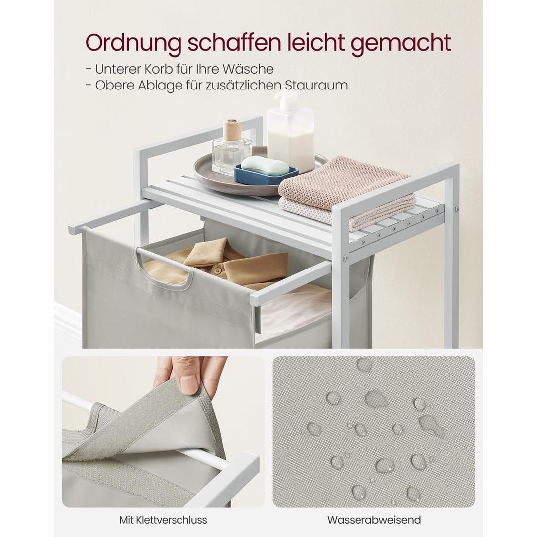 Wasmand met Uittrekbare Waszakken – Wasbox met 2 Vakken, Opbergblad en Stalen Frame