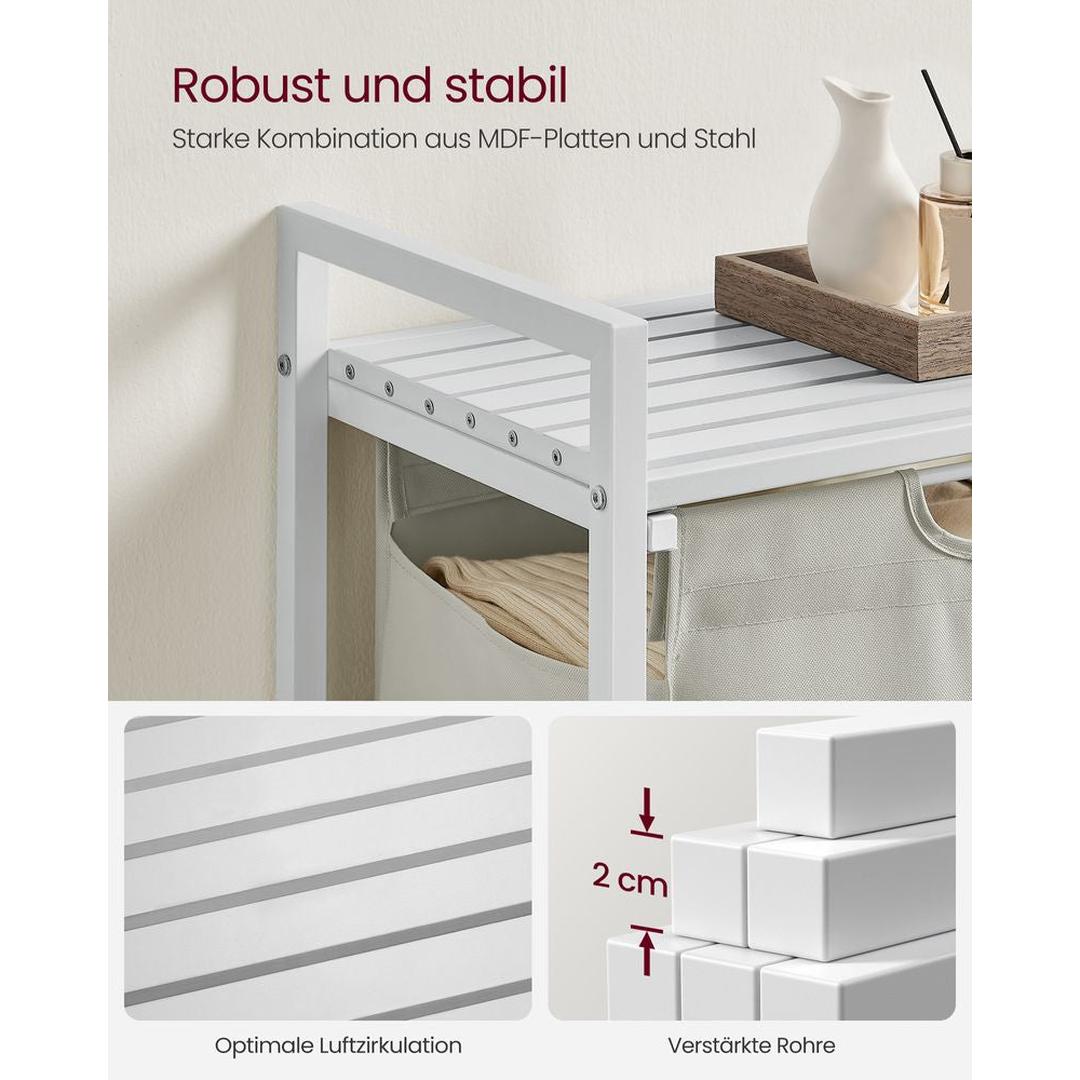 Wasmand met Uittrekbare Waszakken – Wasbox met 2 Vakken, Opbergblad en Stalen Frame