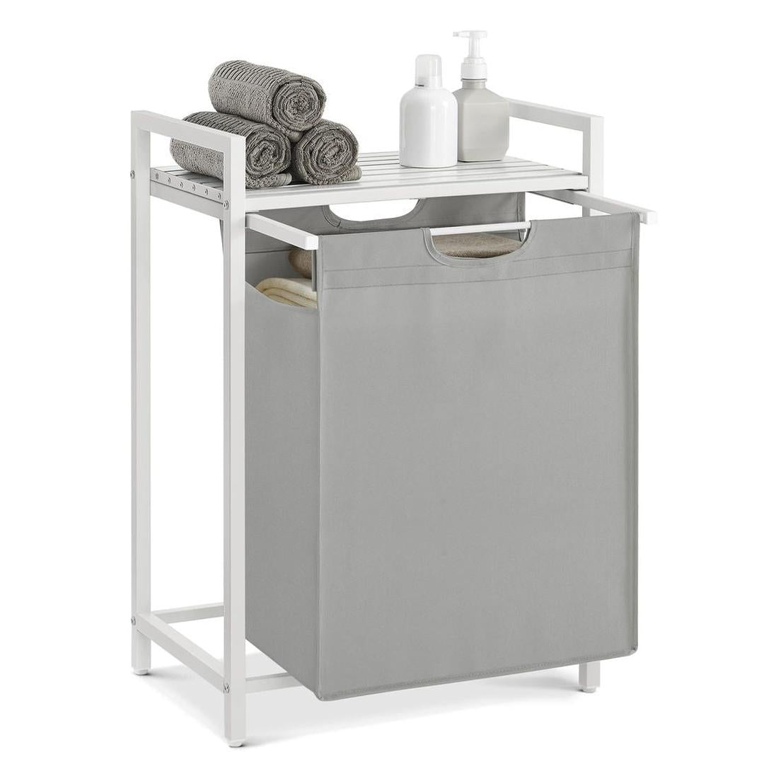 Wasmand met Uittrekbare Waszakken – Wasbox met 2 Vakken, Opbergblad en Stalen Frame