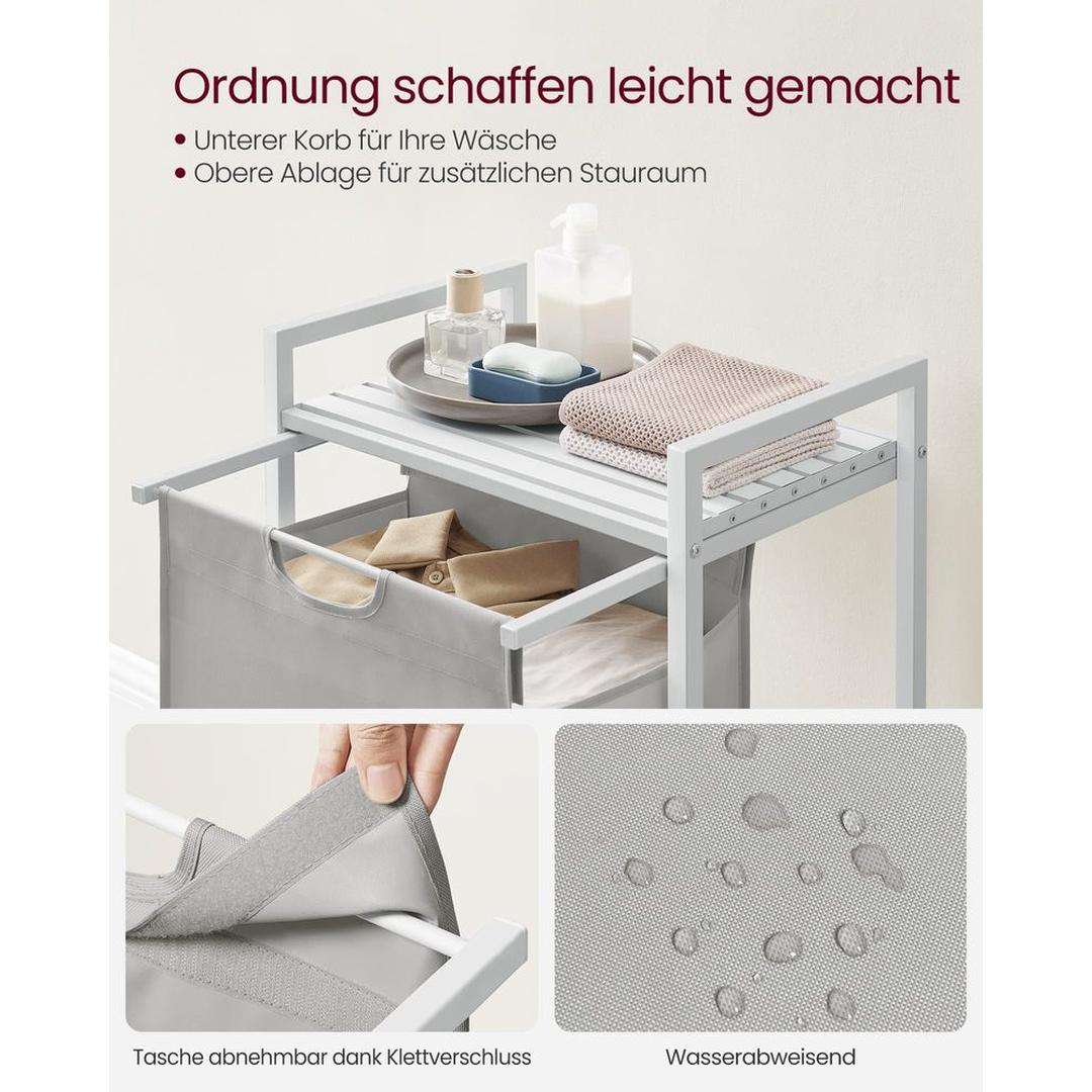 Wasmand met Uittrekbare Waszakken – Wasbox met 2 Vakken, Opbergblad en Stalen Frame