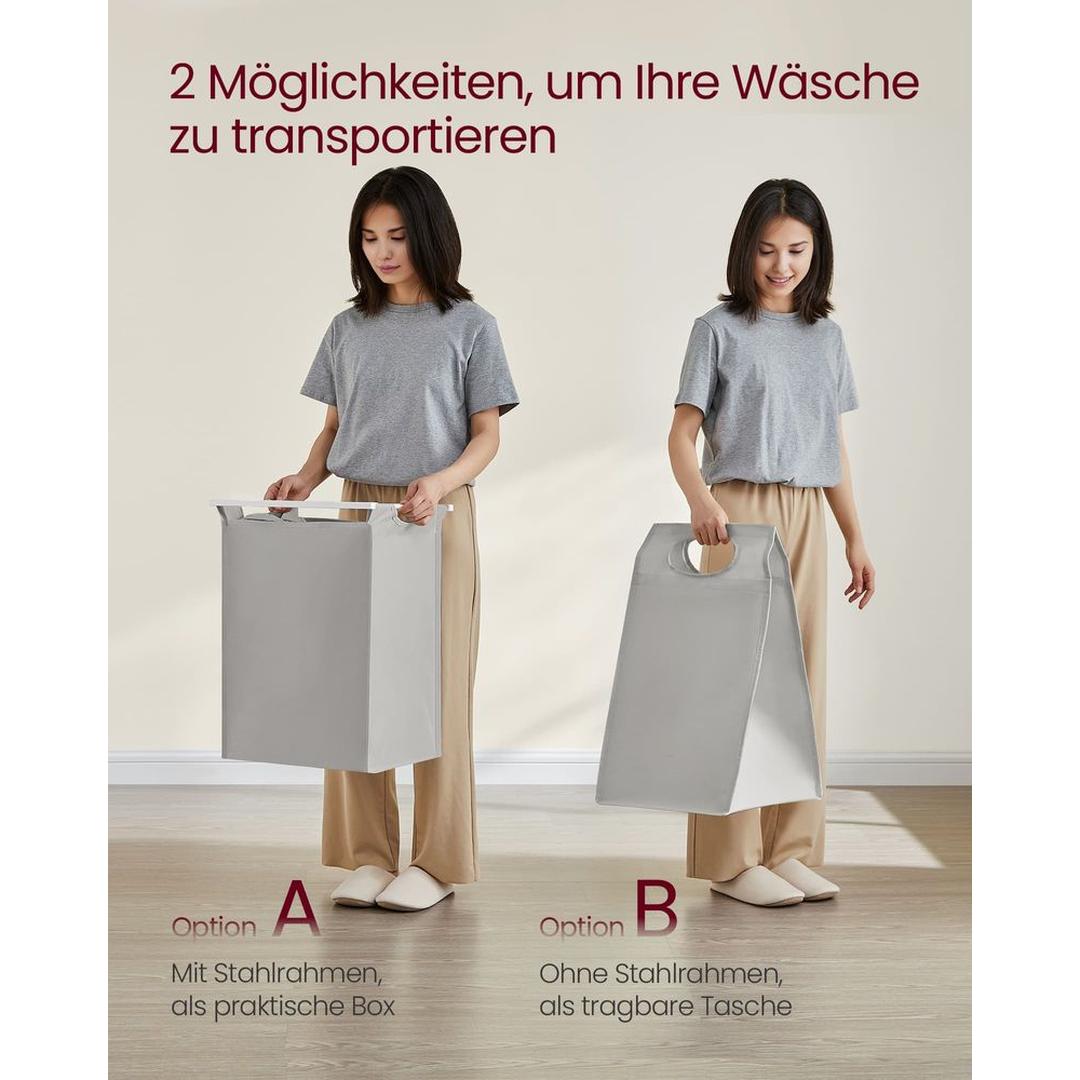 Wasmand met Uittrekbare Waszakken – Wasbox met 2 Vakken, Opbergblad en Stalen Frame