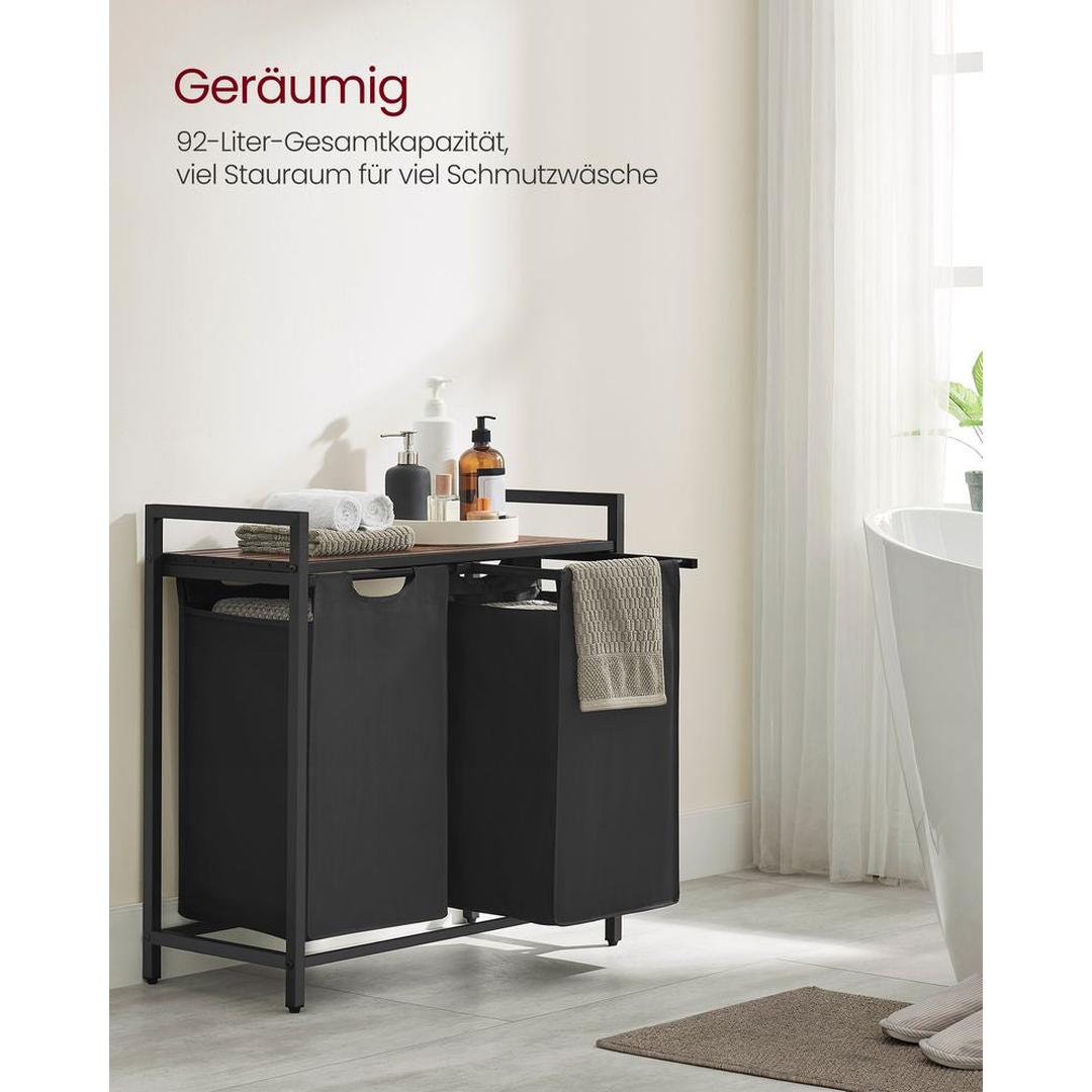 Wasmand met Uittrekbare Waszakken – Wasbox met 2 Vakken, Opbergblad en Stalen Frame