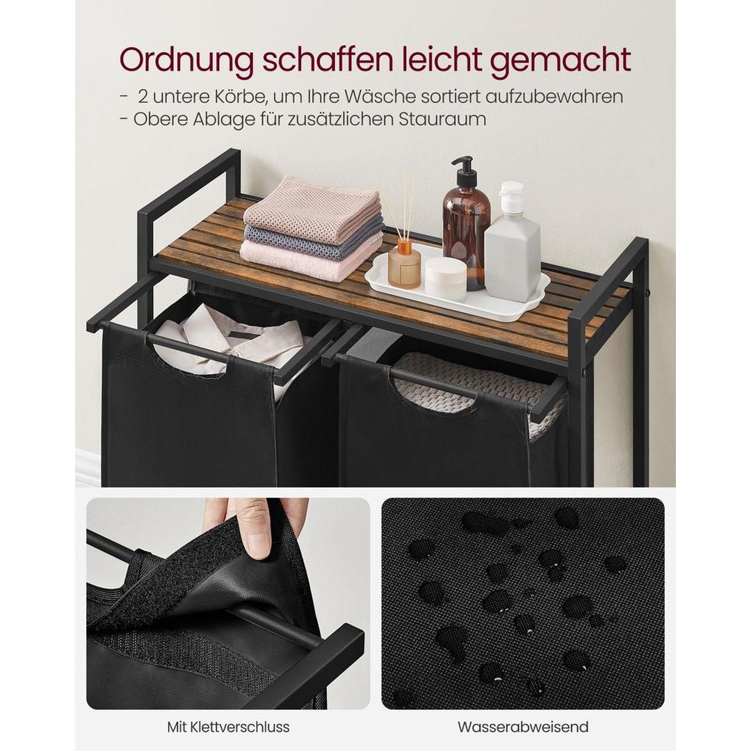 Wasmand met Uittrekbare Waszakken – Wasbox met 2 Vakken, Opbergblad en Stalen Frame