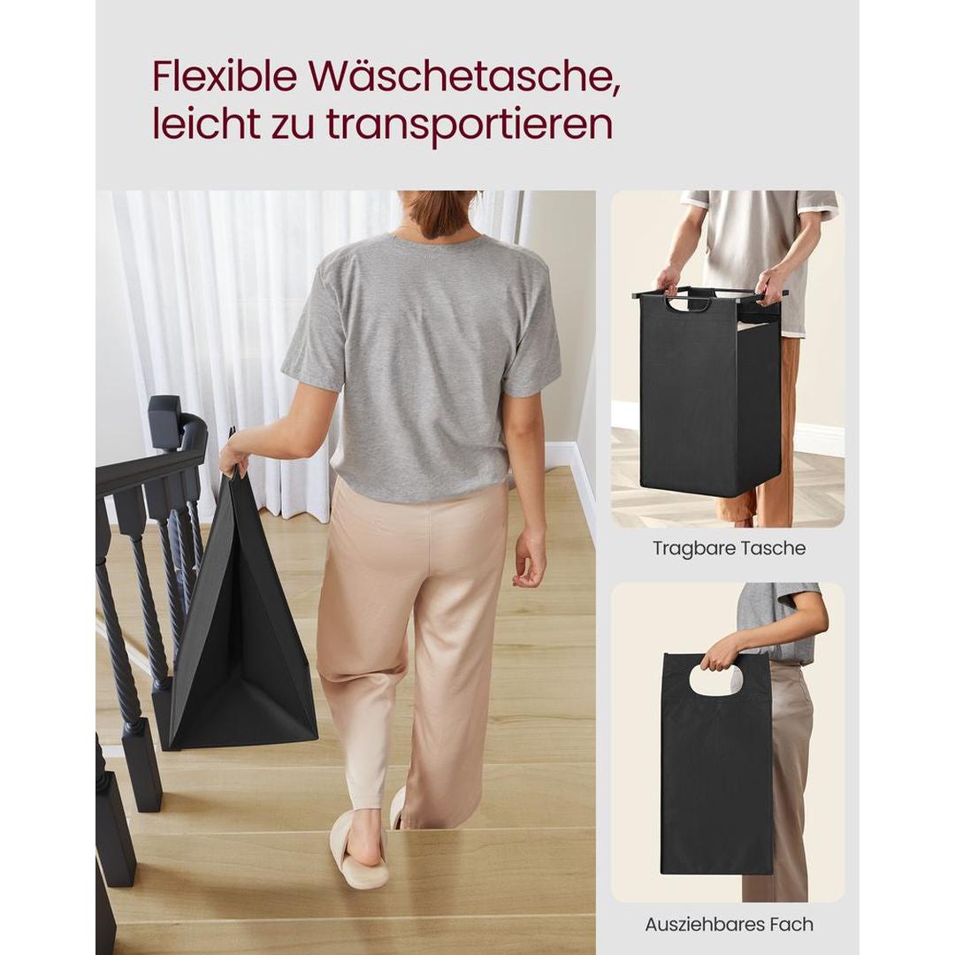 Wasmand met Uittrekbare Waszakken – Wasbox met 2 Vakken, Opbergblad en Stalen Frame