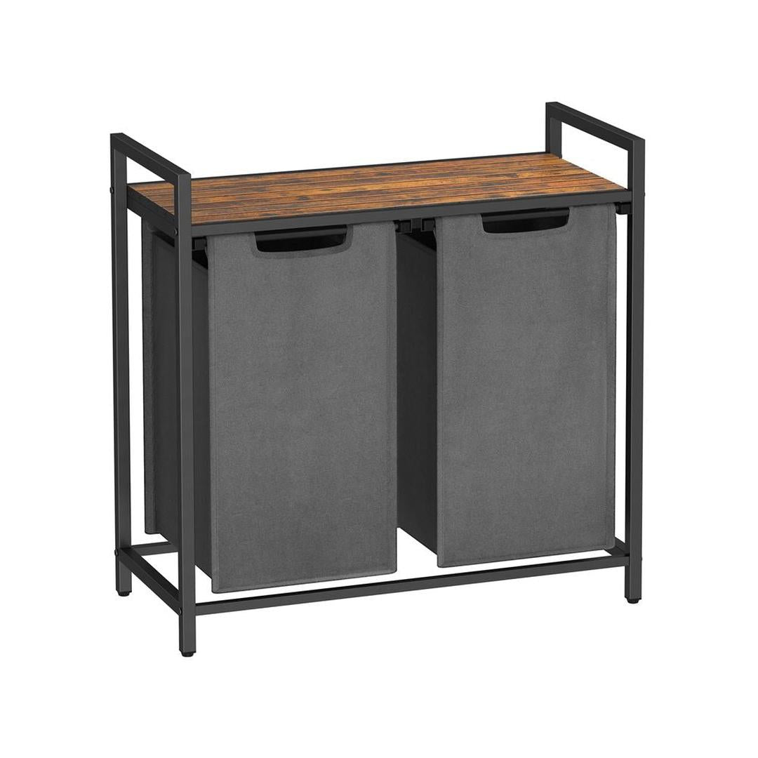 Wasmand met Uittrekbare Waszakken – Wasbox met 2 Vakken, Opbergblad en Stalen Frame