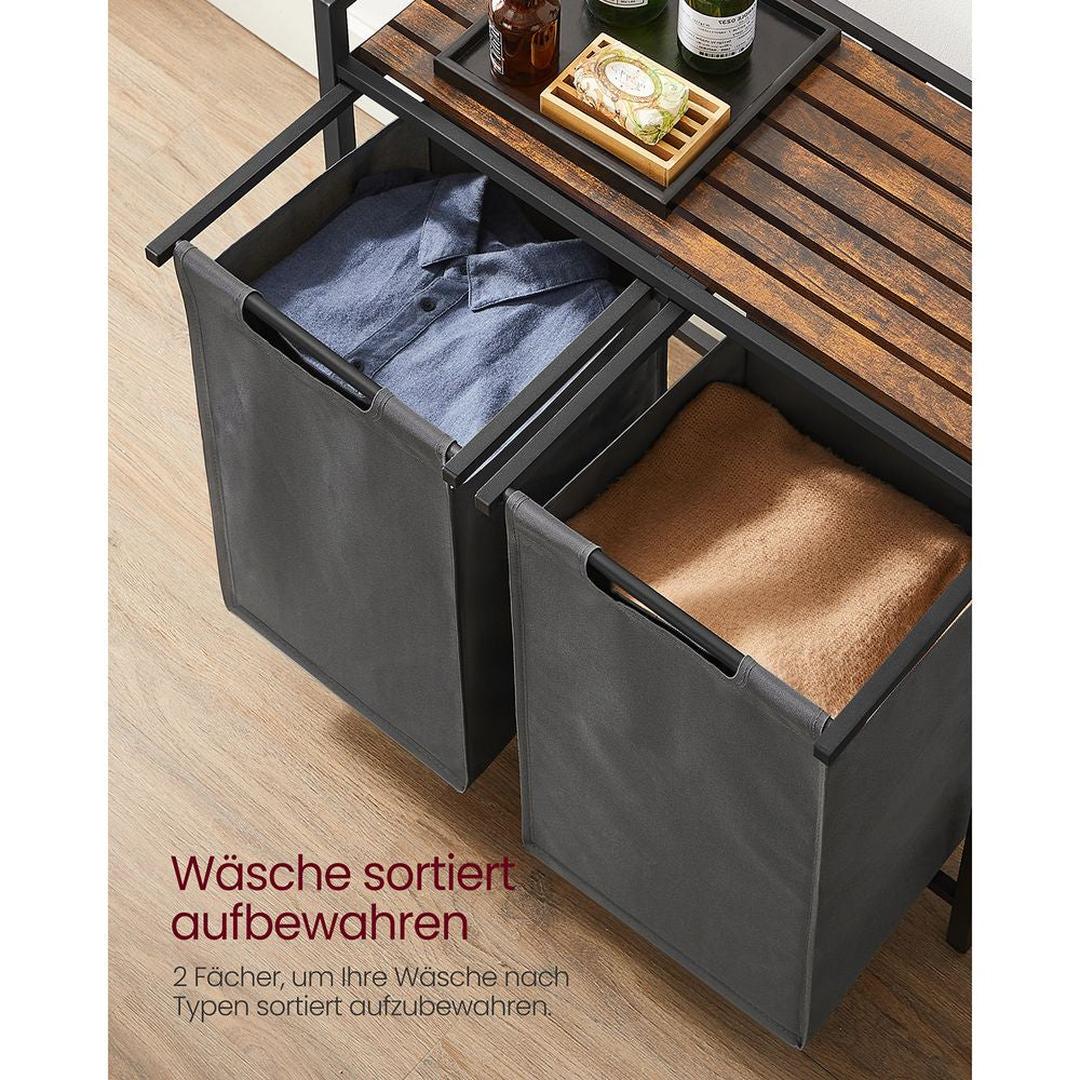 Wasmand met Uittrekbare Waszakken – Wasbox met 2 Vakken, Opbergblad en Stalen Frame