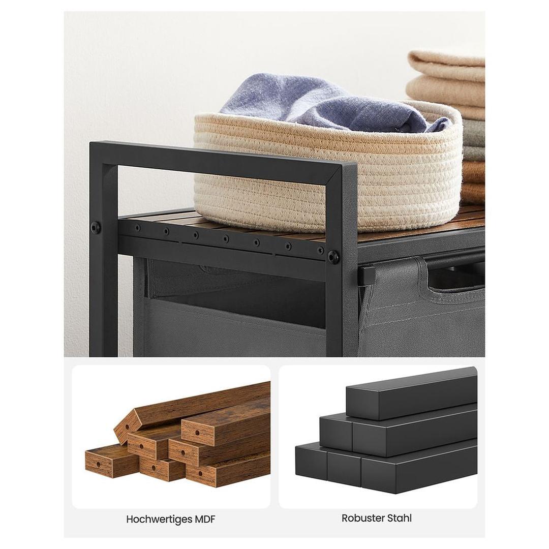 Wasmand met Uittrekbare Waszakken – Wasbox met 2 Vakken, Opbergblad en Stalen Frame
