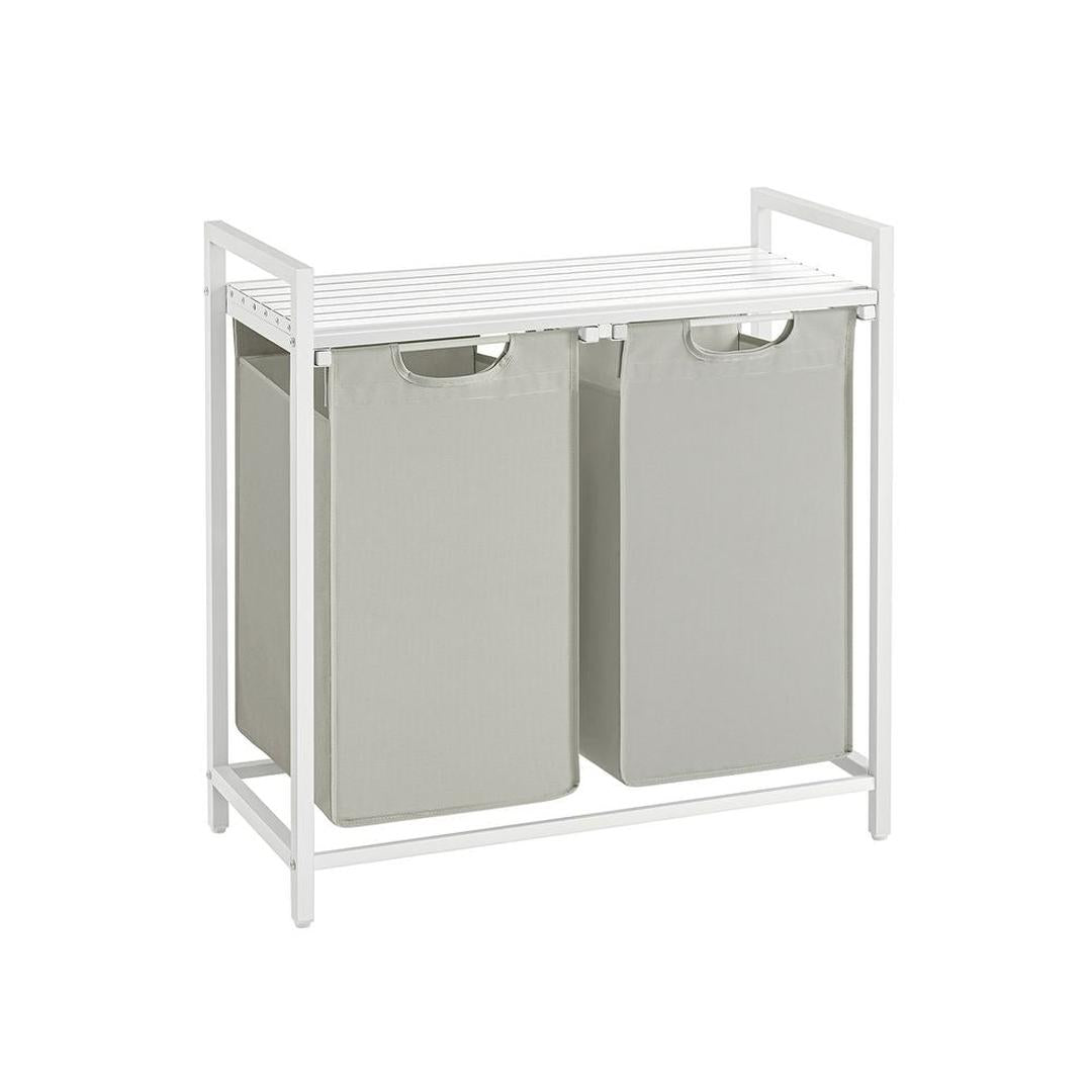 Wasmand met Uittrekbare Waszakken – Wasbox met 2 Vakken, Opbergblad en Stalen Frame