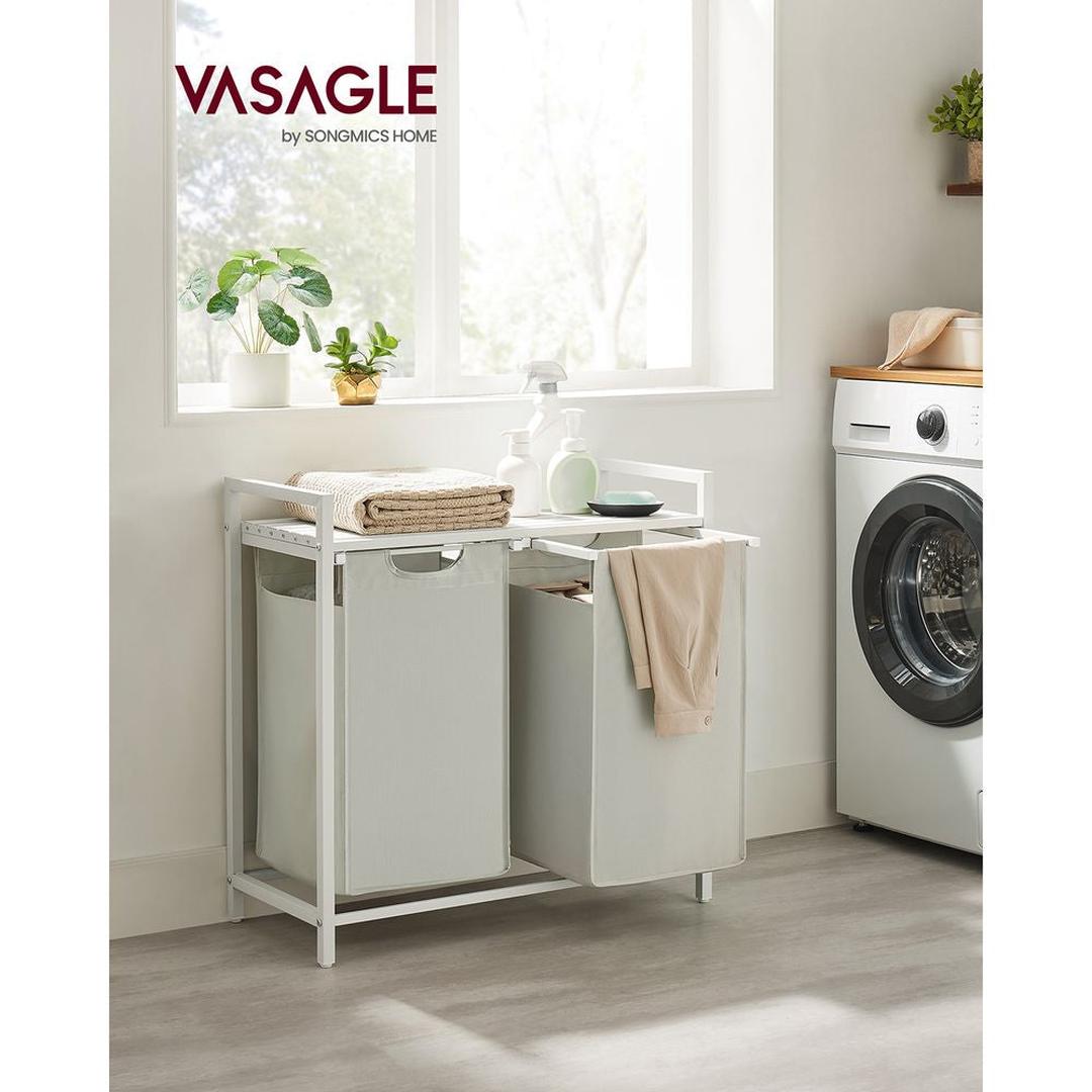 Wasmand met Uittrekbare Waszakken – Wasbox met 2 Vakken, Opbergblad en Stalen Frame