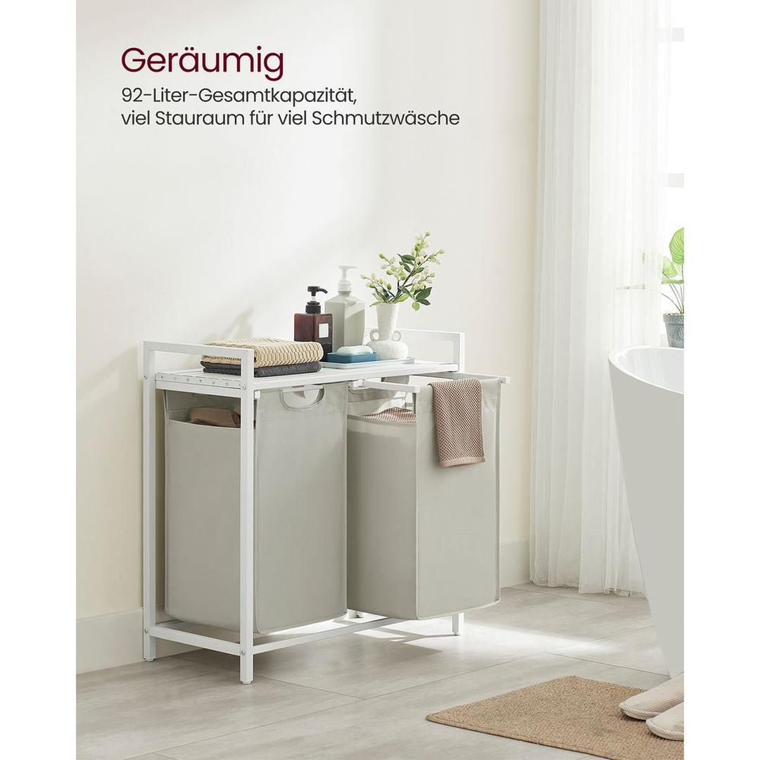 Wasmand met Uittrekbare Waszakken – Wasbox met 2 Vakken, Opbergblad en Stalen Frame