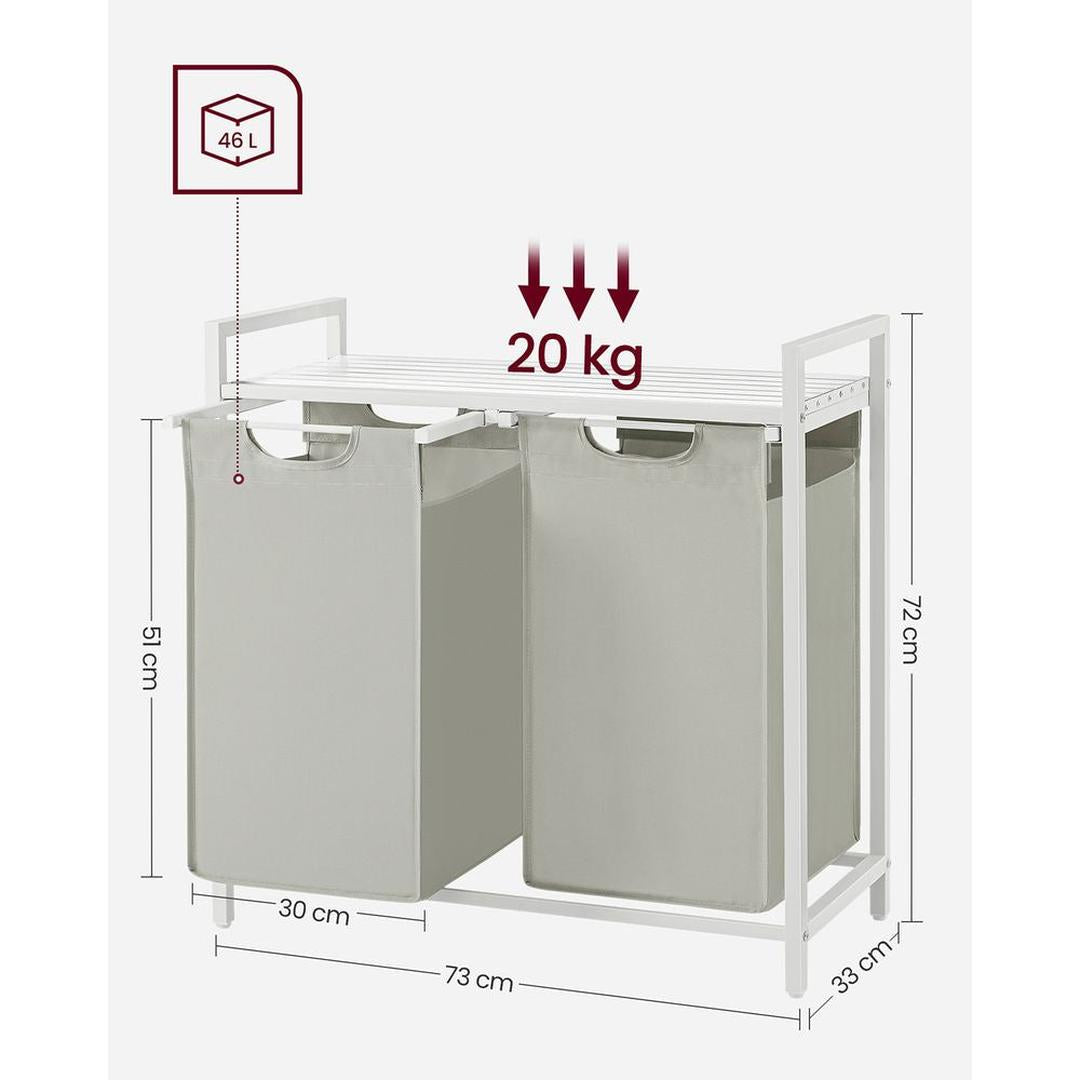 Wasmand met Uittrekbare Waszakken – Wasbox met 2 Vakken, Opbergblad en Stalen Frame