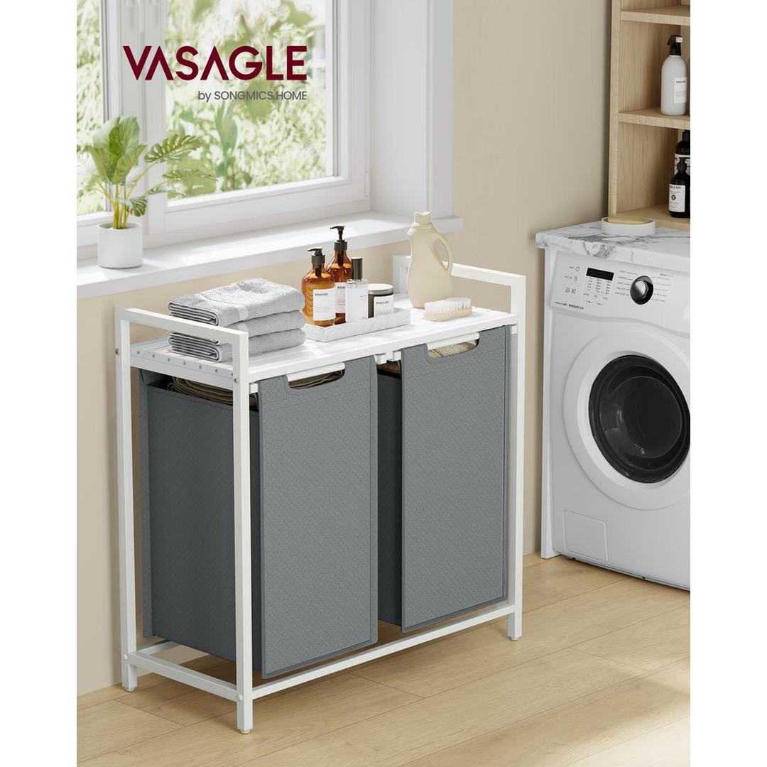 Wasmand met Uittrekbare Waszakken – Wasbox met 2 Vakken, Opbergblad en Stalen Frame